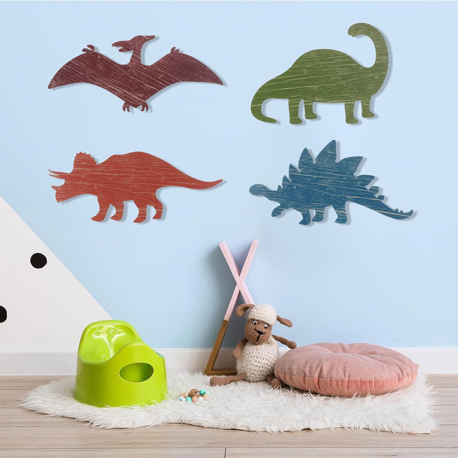 Dinosaur Wall Decors Wooden Boys Dinosaur Nursery Playroom Baby Shower Wall Art Farmhouse Bathroom Room Decoration for Kids(Vivid,14.17 x 8.27 Inches)