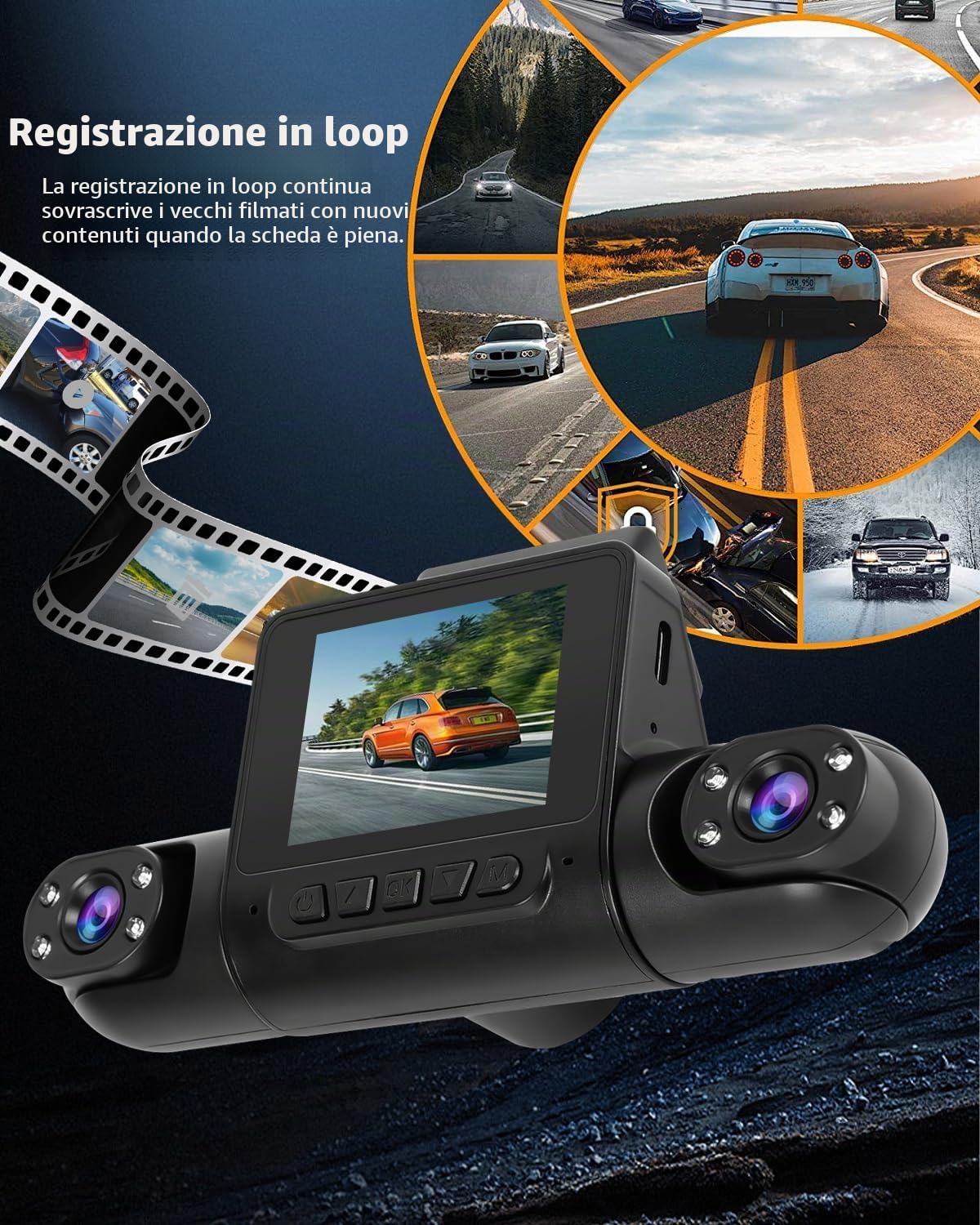 NHOPEEW Dash Cam a 4 canali 1080P – Telecamere anteriori, sinistre, destre e posteriori con grandangolo, display da 2", visione notturna IR, registrazione in loop, rilevamento del movimento