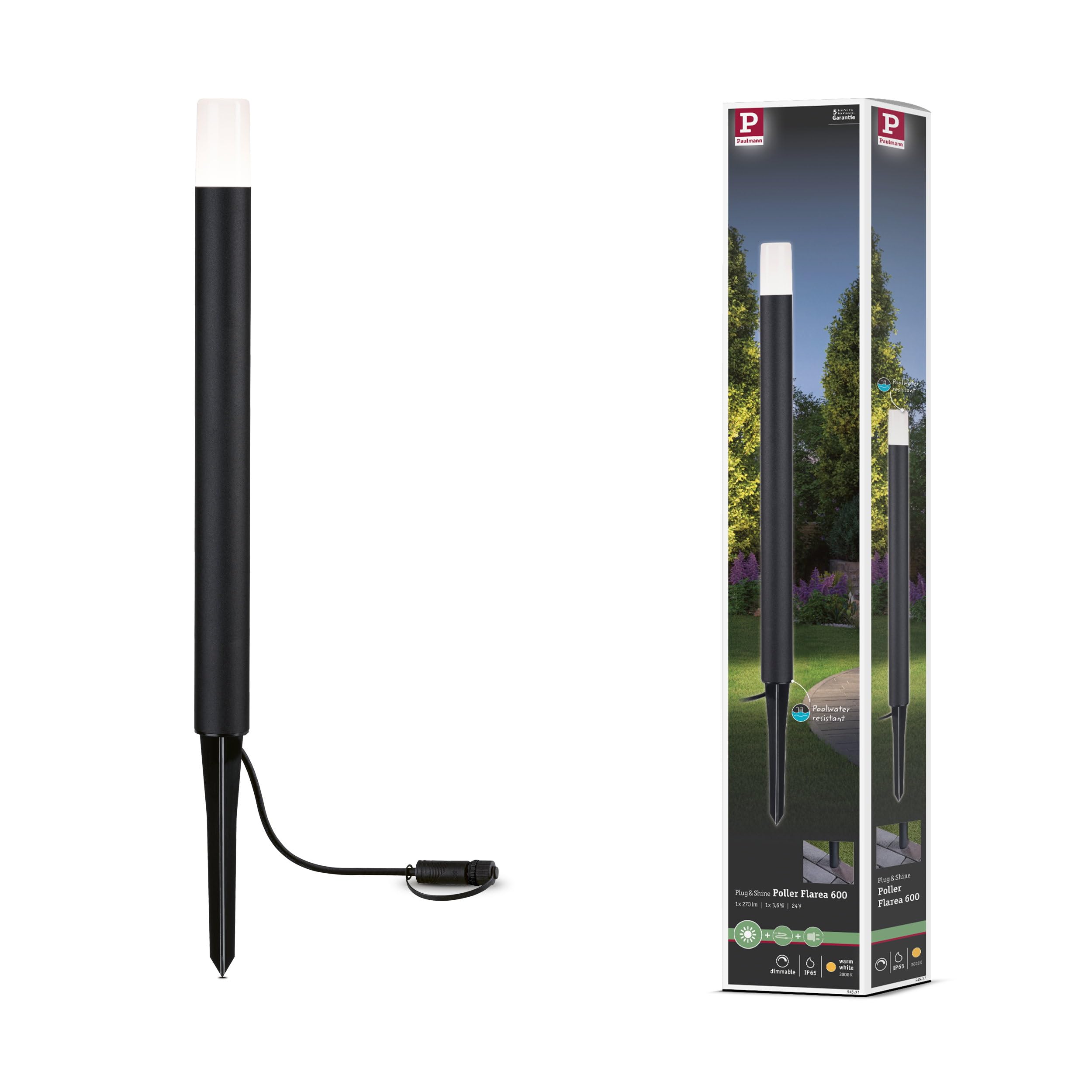 Paulmann 94537 Plug & Shine LED oprawa zewnętrzna, słupek Flarea IP65 600mm ciepłobiały, w zest. 1x3,6 Watt ściemn. czarny, metal 3000 K