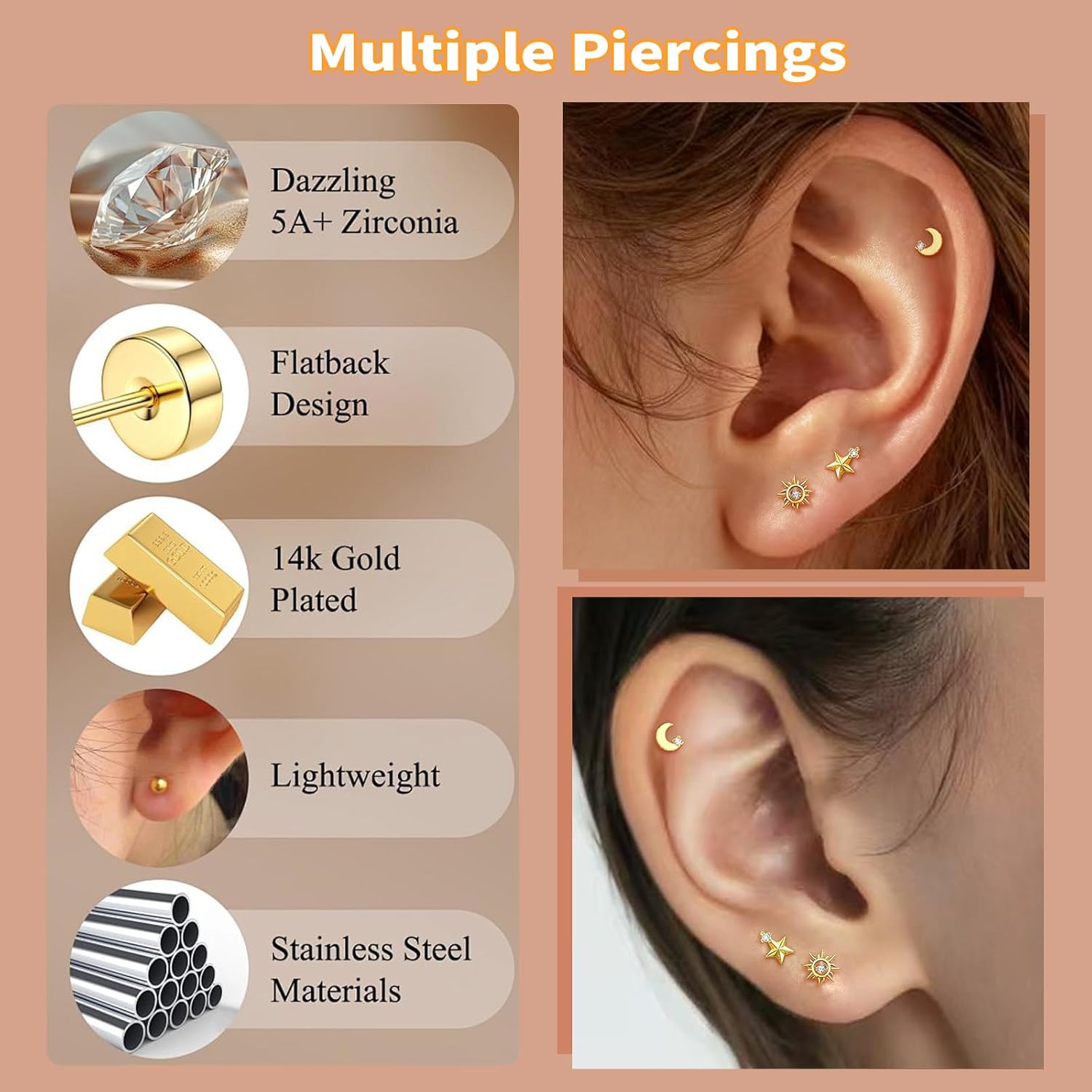 Flat Back Earrings for Women,14k Gold/Silver Plated Small Flat Back Stud Earrings Cartilage Helix Multiple Piercing Jewelry Hypoallergenic Earrings for Sensitive Ears -3-piece or 3-pair - Image 5