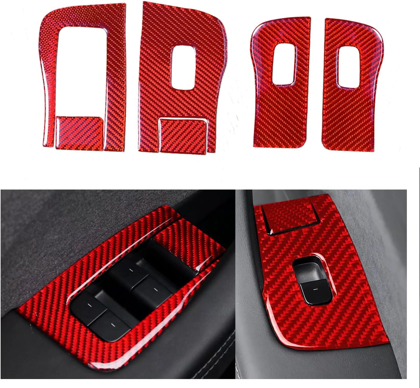 Door and Window Switch Control Panel Cover, Suitable for Tesla 3/Y Models, Carbon Fiber Interior Accessories (Red Carbon Fiber, 2017-2023 M3/2021-2024 My)