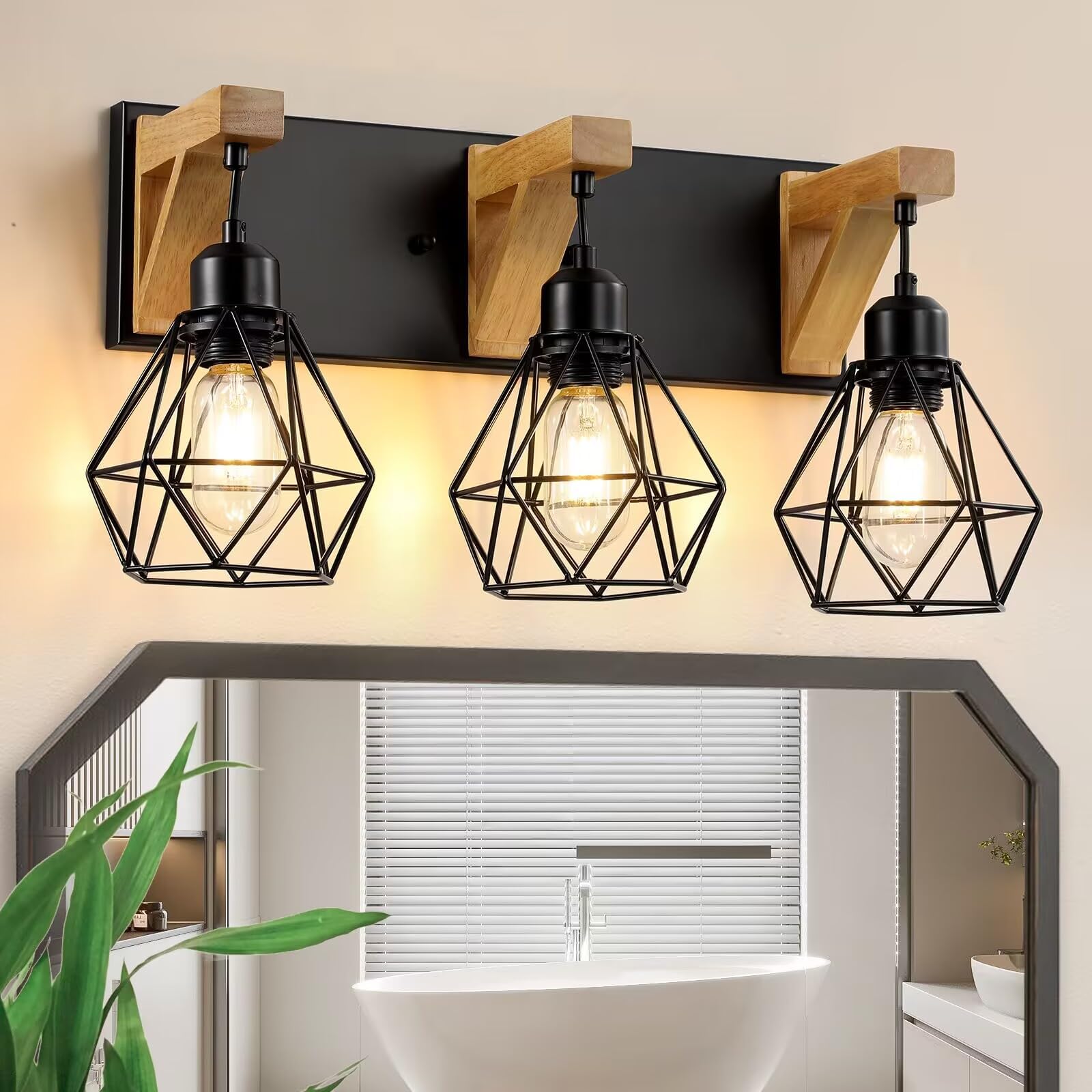 3-Light Farmhouse Bathroom Vanity Light Fixtures, Wood Bathroom Light ...