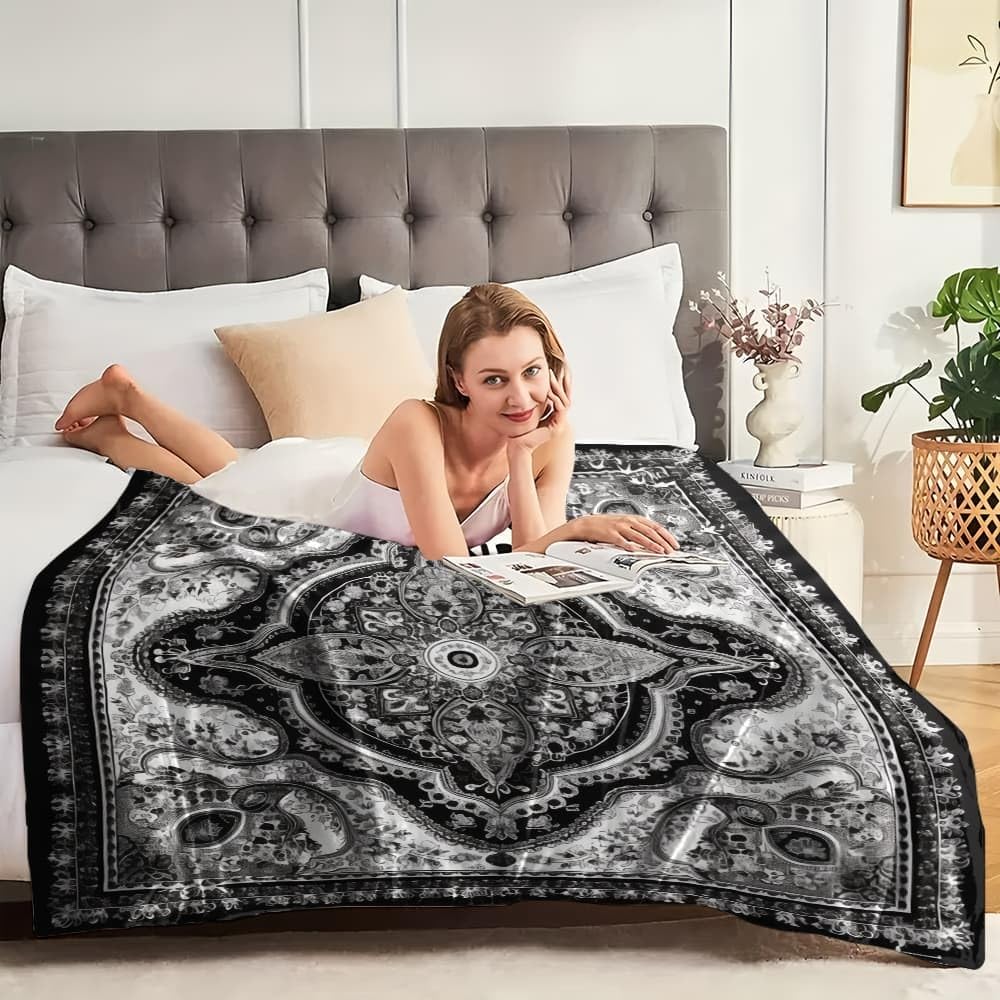 Przytulny koc 180 x 200 cm, XXL, abstrakcyjny wzór boho, super miękki i zimowy ciepły koc polarowy na sofę, kanapę i łóżko, szary, przytulny, przyjemny koc do mieszkania, koc na sofę