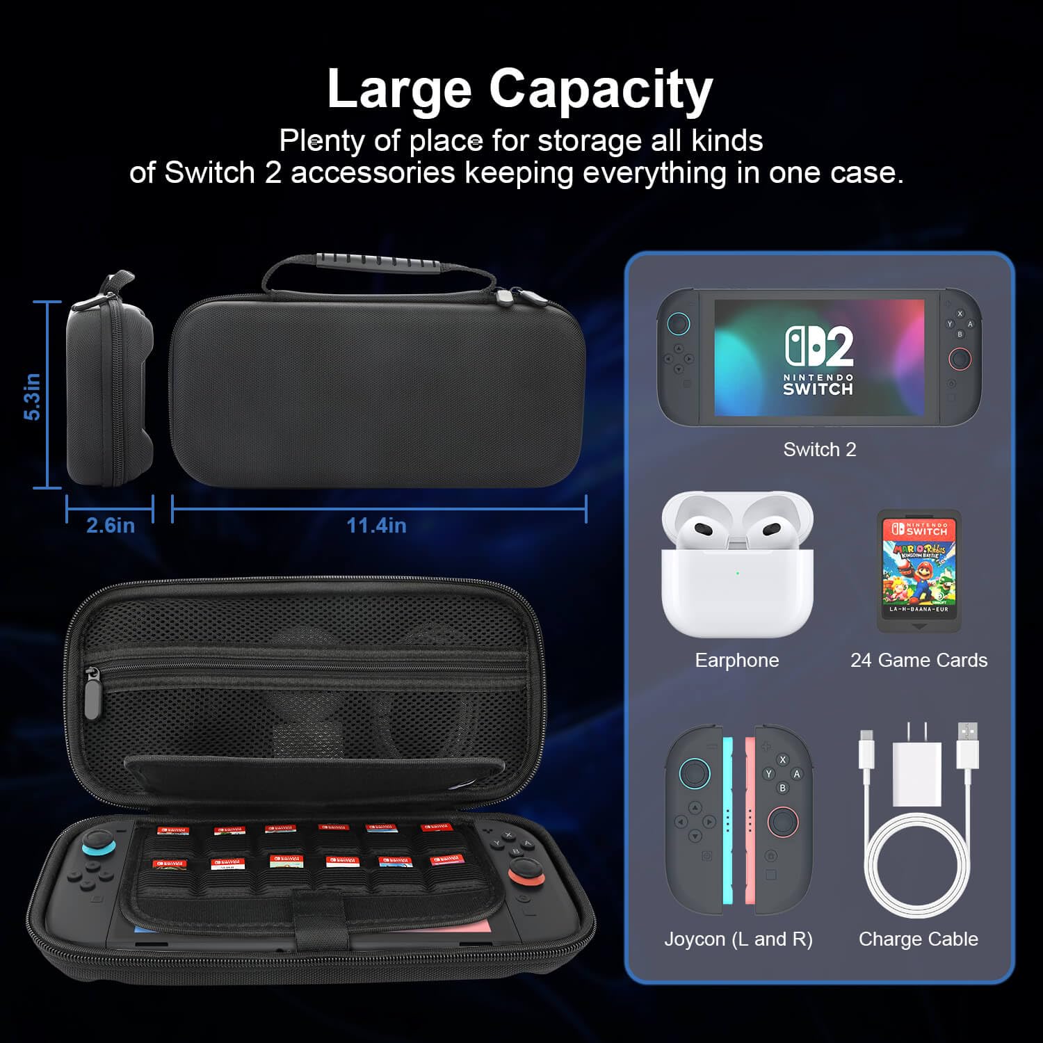 Gamorek Switch 2 Carrying Case Compatible with Nintendo Switch 2, Protective Travel Case with 24 Game Cartridge Slots for Charger and Accessories - Image 2
