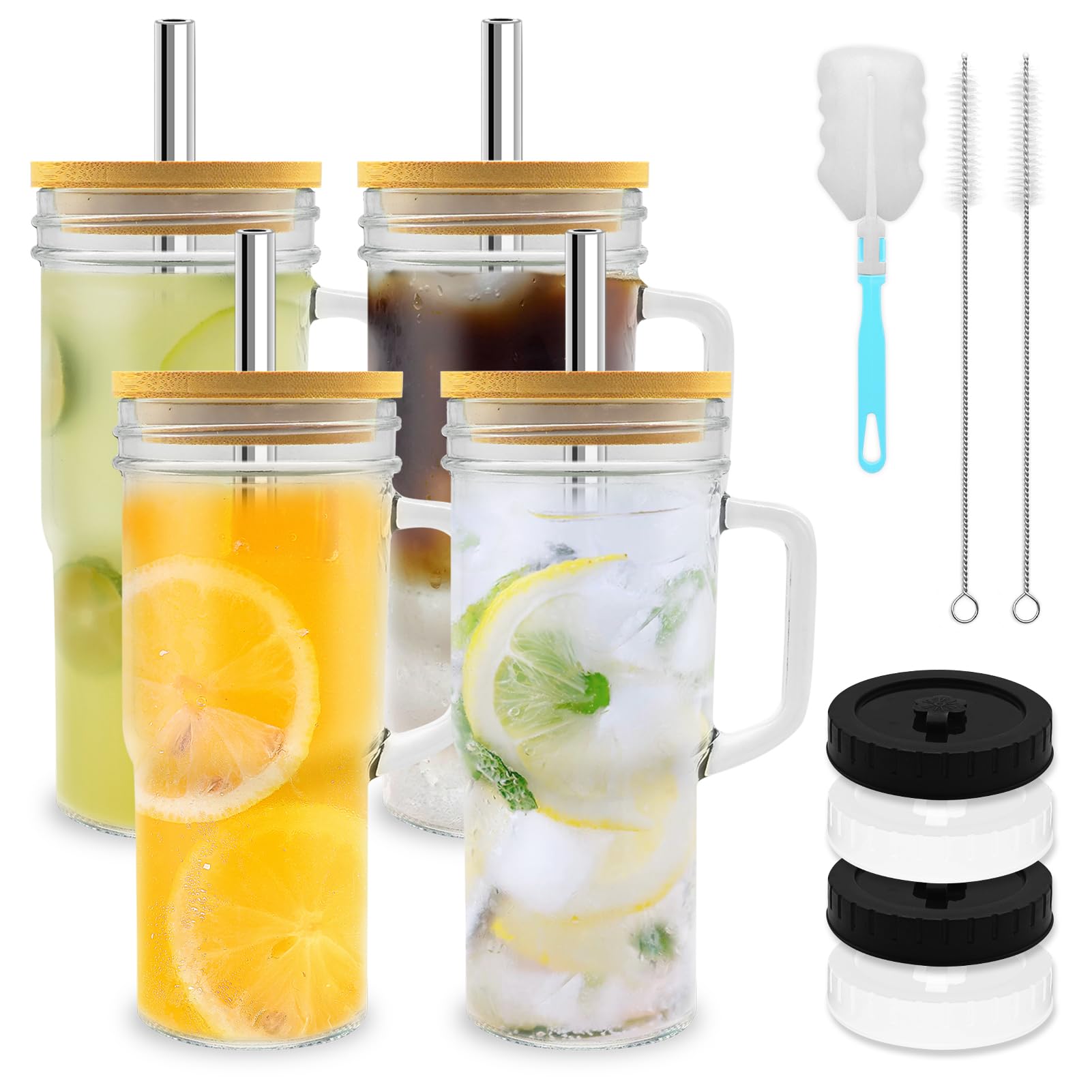 Tazze Vetro Con Coperchio E Cannuccia - 680 Ml, Set Da 4 Con Spazzole, Per Boba Tea E Frullati - Foto 10