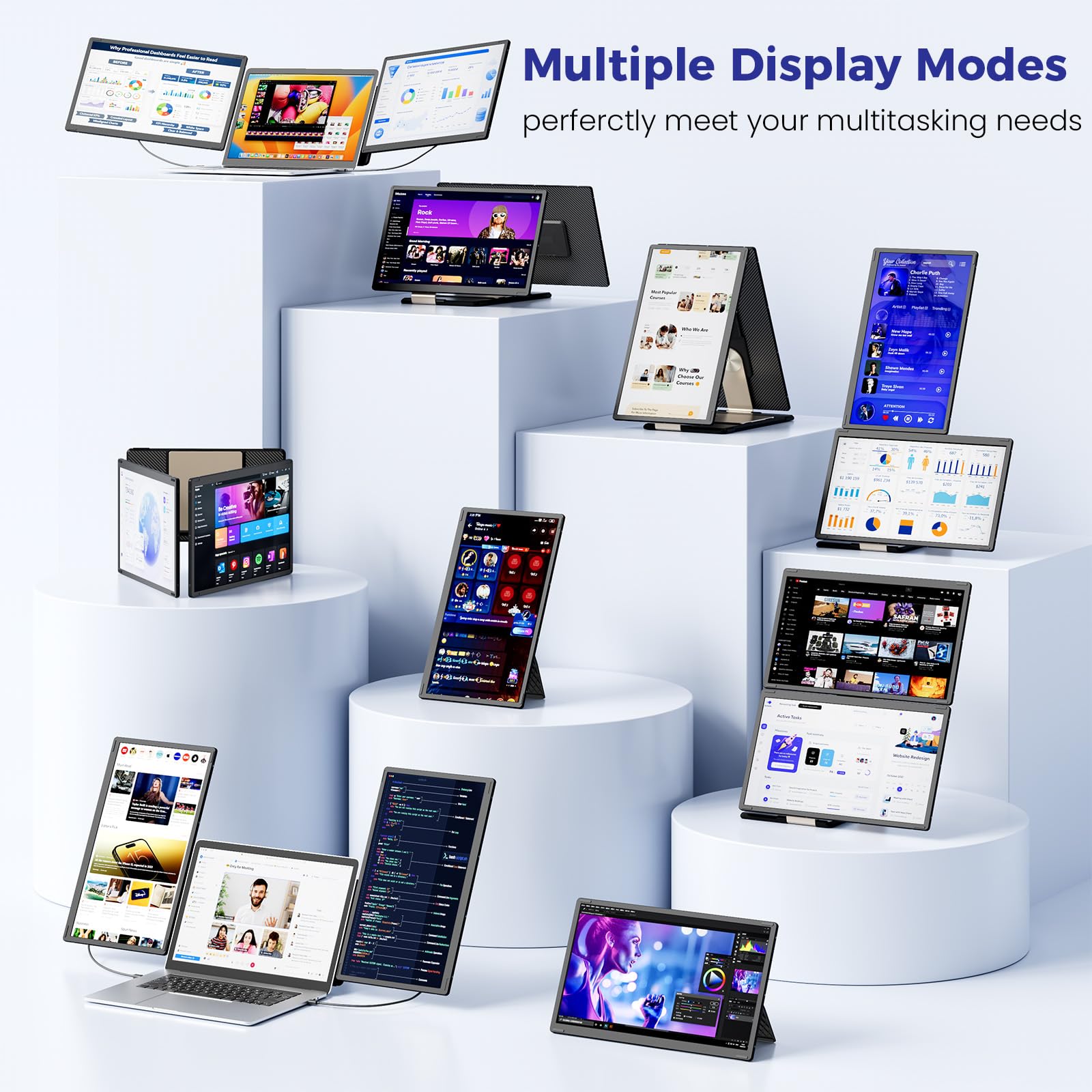 Ecran Portable 15.6” FHD 1080P, Triple Extension D'écran pour PC Portable, Amovible et orientable à 235°Écran Dual pour Ordinateurs Portables de 13 à 17,3”, Plug & Play avec Mac/Windows