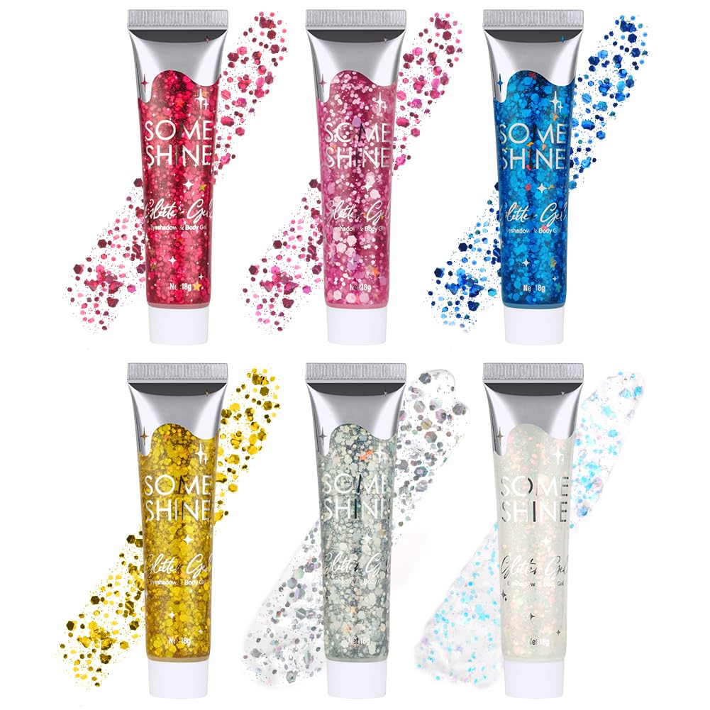 Purpurina Cara Gel 18g Festival Gel Purpurina Líquida Corporal Chunky Glitter Carnaval (Azul+Rosa+Plata+Blanco+Oro+Rojo Rosa)