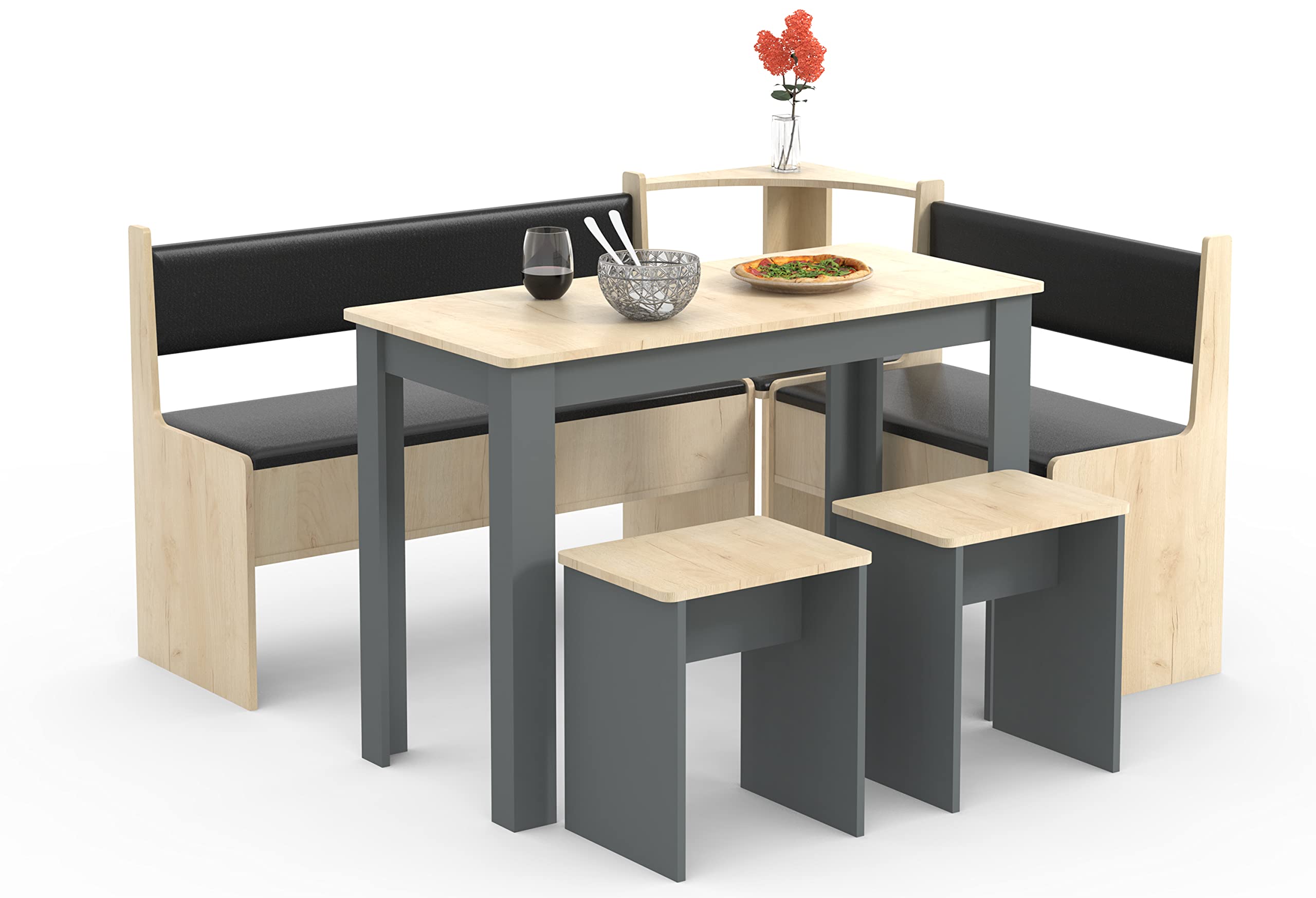 VCM Groupe de bancs d'angle Groupe de sièges de Cuisine Banc Table Tabouret Esal Maxi Groupe de bancs d'angle Groupe de sièges de Cuisine Banc Table Tabouret Esal Maxi Anthracite/Chêne Miel