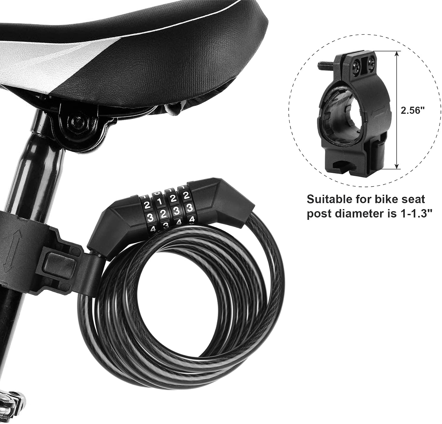 Titanker Bike Lock Cable, 4 Feet Bike Cable Lock Basic Self Coiling Kids Bike Lock Combination with Complimentary Mounting Bracket, 5/16 Inch Diameter (4FT, Black-8mm)