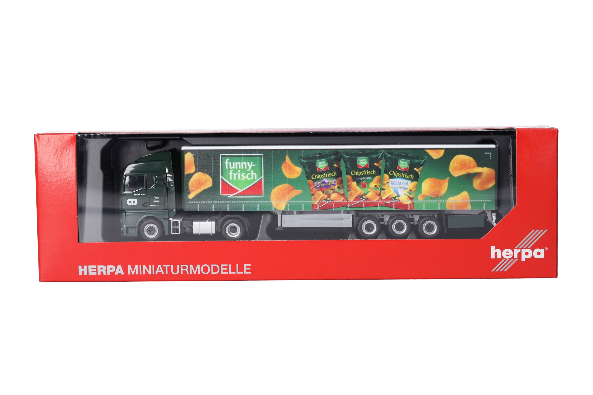Herpa LKW Modell Man TGX GM Gardinenplanen-Sattelzug CTJ/Funny Frisch (Nordrhein-Westfalen/Dormagen), Miniatur im Maßstab 1:87, Sammlerstück, Made in Germany, Kunststoff, Weiß