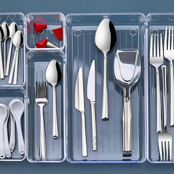 6 Parça Şeffaf Çekmece Düzenleyici Seti – Makyaj, Mutfak ve Ofis İçin Çok Amaçlı Organizer Kutuları | Kaymaz, Dayanıklı, Modern Organizer Set