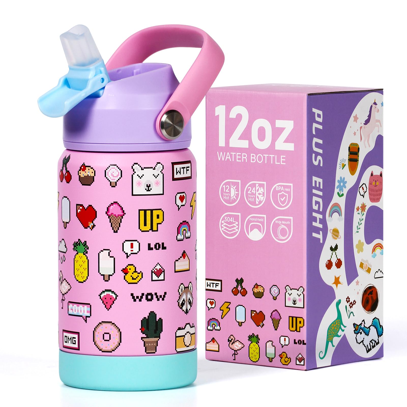 pluseight Kids Insulated Water Bottle with Straw Lid, 12 oz BPA-Free Double Wall Vacuum Tumbler 18/8 Stainless Steel Leak Proof Kids Cups with Straw for School Travel Boys Girls (Cartoon Pixel)