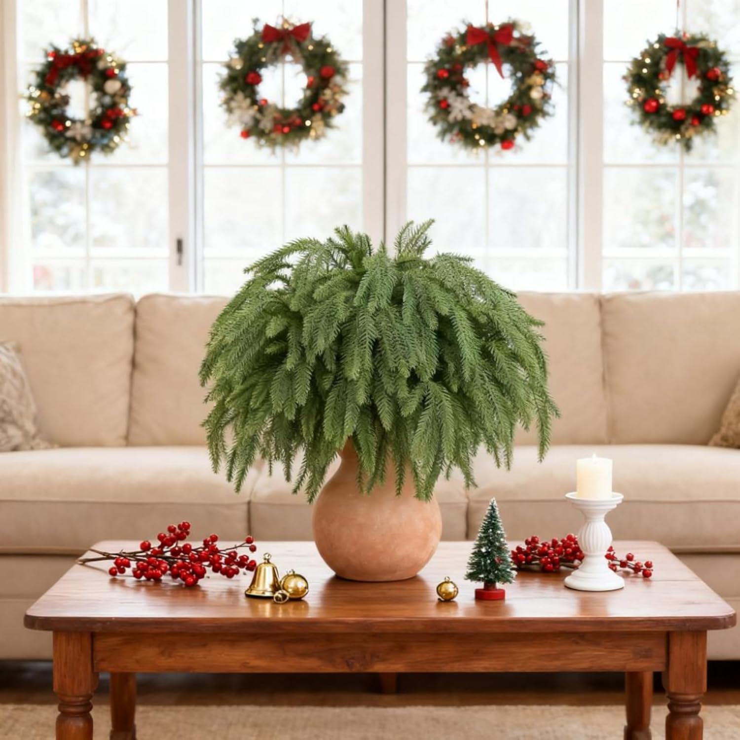 16 Pcs Christmas Norfolk Pine Branches, Artificial Christmas Pine Branches Fake Greenery Picks for Vase DIY Crafts Xmas Garland Wreath Indoor Home Decor - Image 7