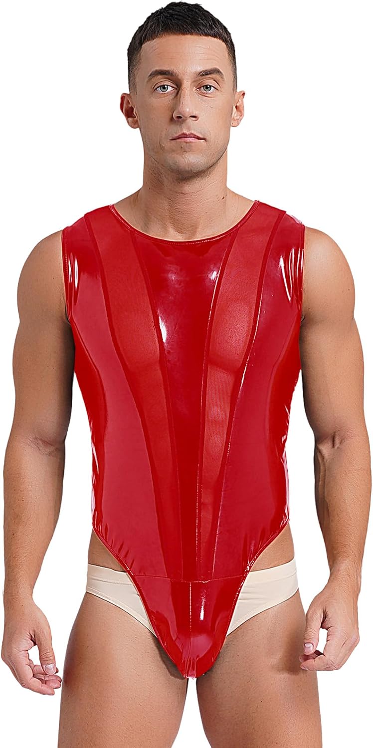 Men's PVC Wet Look Leather Mesh Spliced Suspender Bulge Pouch Thongs Harness Bodysuit
