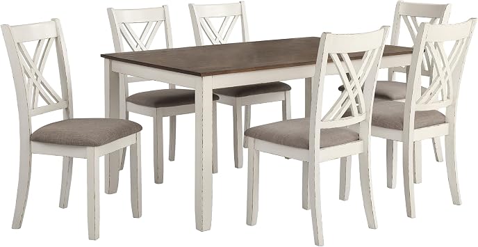 Coaster Home Furnishings - Fortress - Wood - 7-Piece Rectangular Dining Table Set Farmhouse Style with Double-Cross Back Armless Side Chairs - Dining Room - Vintage White, Chestnut Brown - 190721