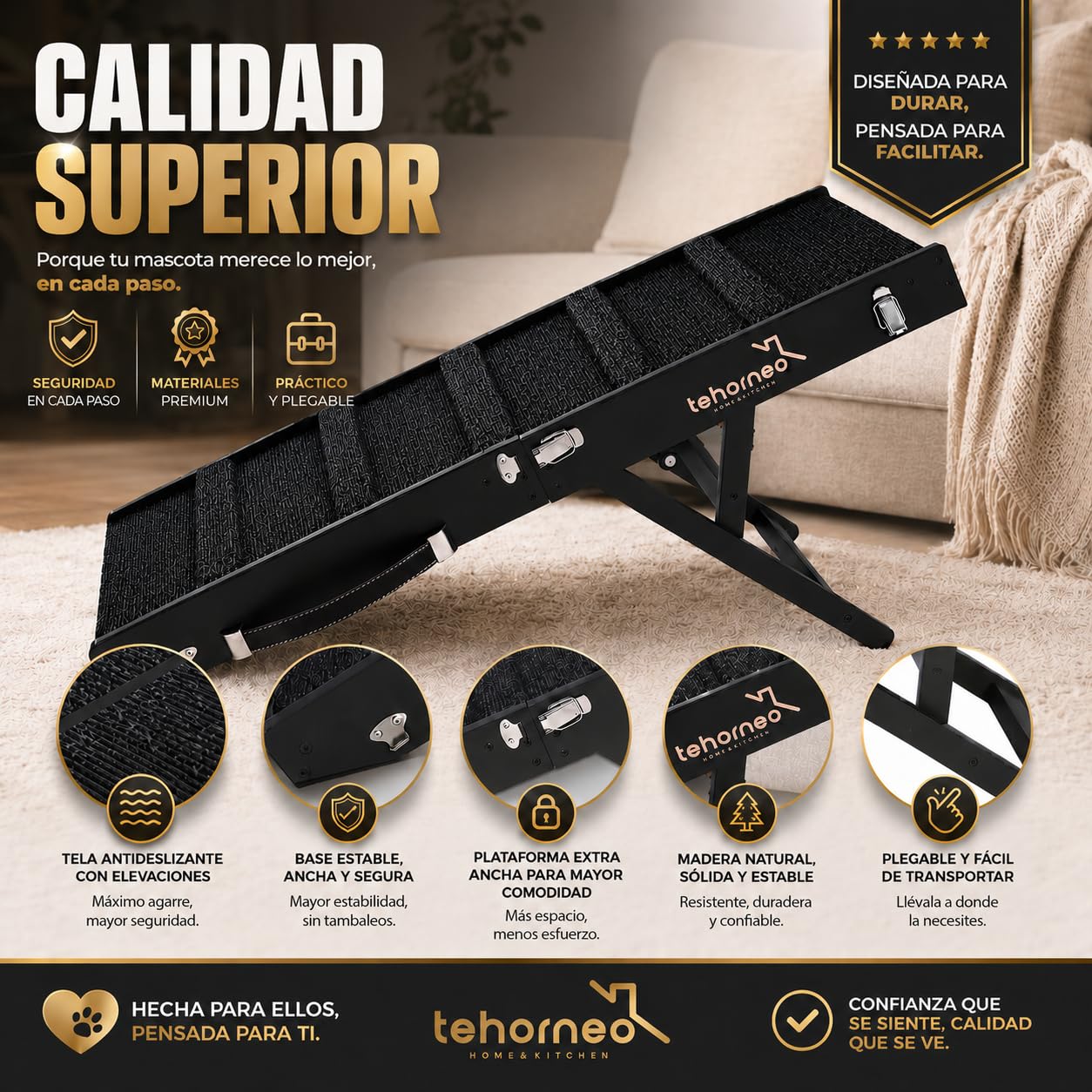 TEHORNEO Rampa para Perros, Rampa para Perros Cama 4 Alturas Ajustables 25 cm a 41 cm, Rampas para Perros hasta 20 KG con Almohadilla Antideslizante, Dog Ramp, Ramoa para Perros, Dog Ramp for Bed