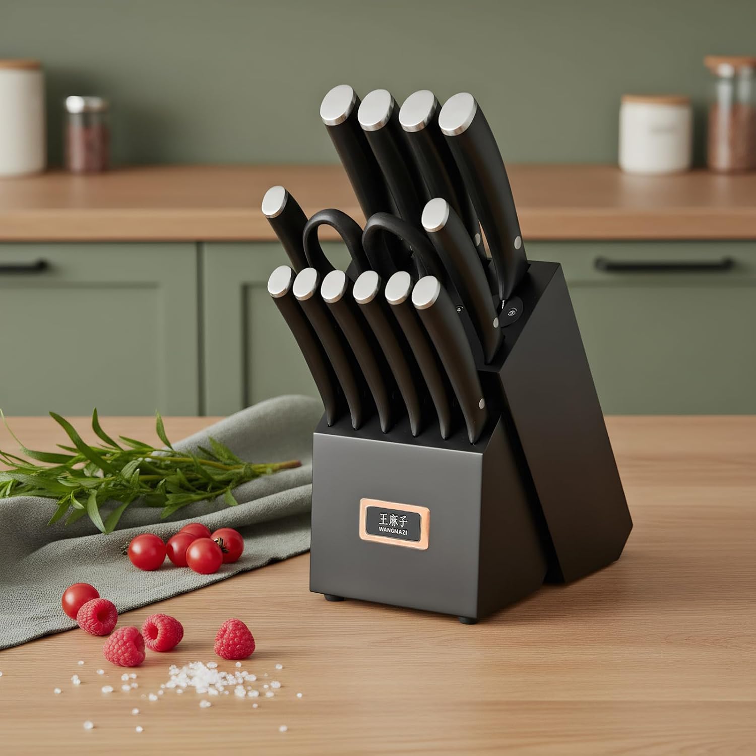 Premium Knife Set High Carbon Stainless Steel Forged Sharp Knives Set for Kitchen Rivet Ergonomic Handle Hundreds of Years of Masterful Craftsmanship(Black,15PCS)