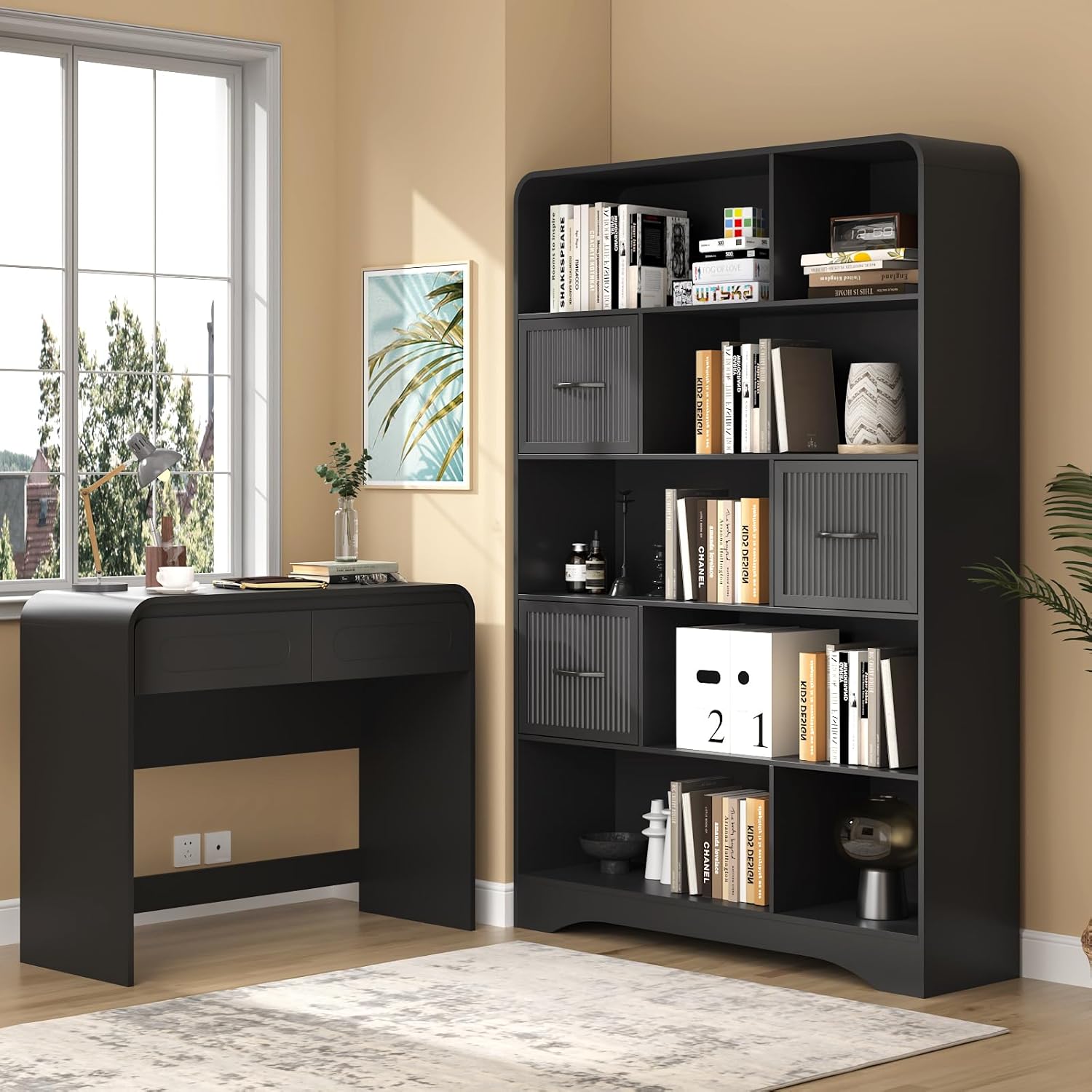 Tall Bookshelf with Drawers, 70" Modern Bookcase with Adjustable Storage Bins and 10 Open Shelves, 48" Wide Display Shelf for Home Office, Black