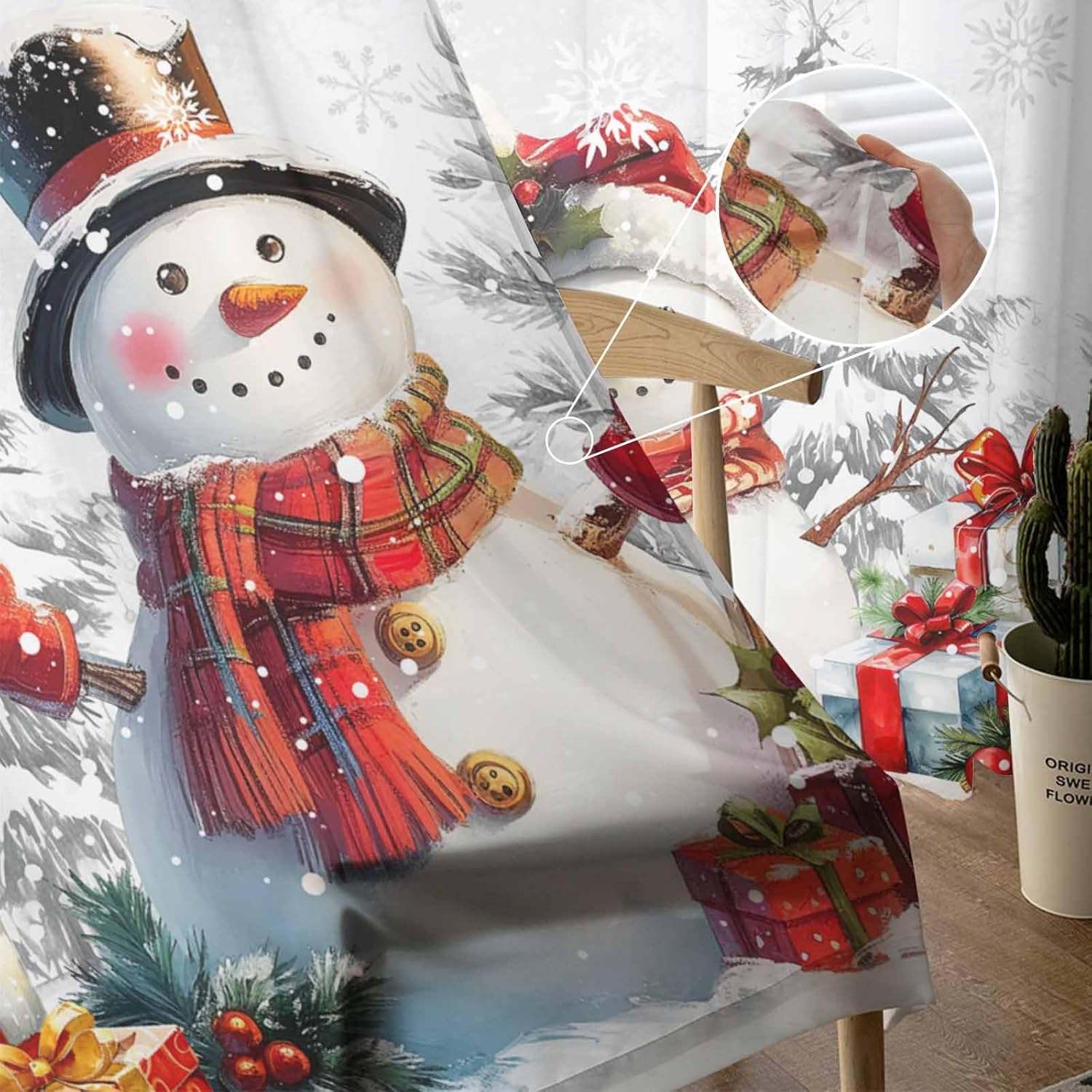 Christmas Snowman Semi Sheer Curtains 72 Inch Long, Winter Holly Fruit Berry Pine Leaves Snowflakes Window Treatments Curtains,Light Filter Curtains Rod Pocket Drapes for Living Room Bedroom,2 Panels