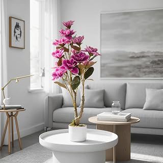 Artificial Yulan Tree Orchid Flowers Plant, 37.4inch/3Ft Faux Magnolia Tree with Lifelike Floral, Leaves and Dried Moss, Fake Potted Flowers Trees for Indoor Home Wedding Table Decor, Pink (1 Pack)