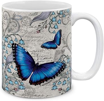 MUGBREW Vintage Vintage Blue Morpho Butterfly Ceramic Coffee Mug Tea Cup, 11 OZ