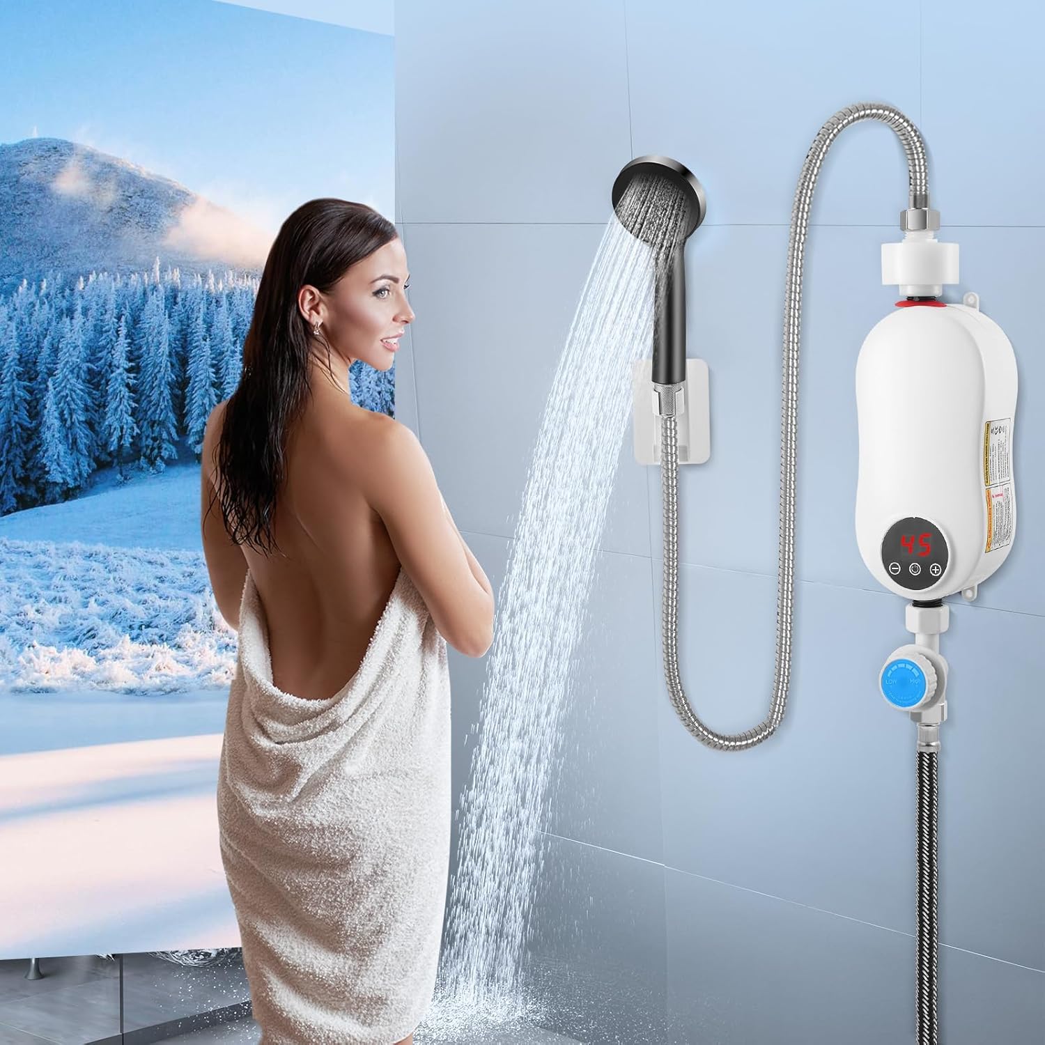 Scaldacqua elettrico istantaneo (con kit doccia) 5500 W 220 V mini scaldabagno senza serbatoio acqua calda, indicatore di temperatura LED + tecnologia intelligente inverter (5500 W)