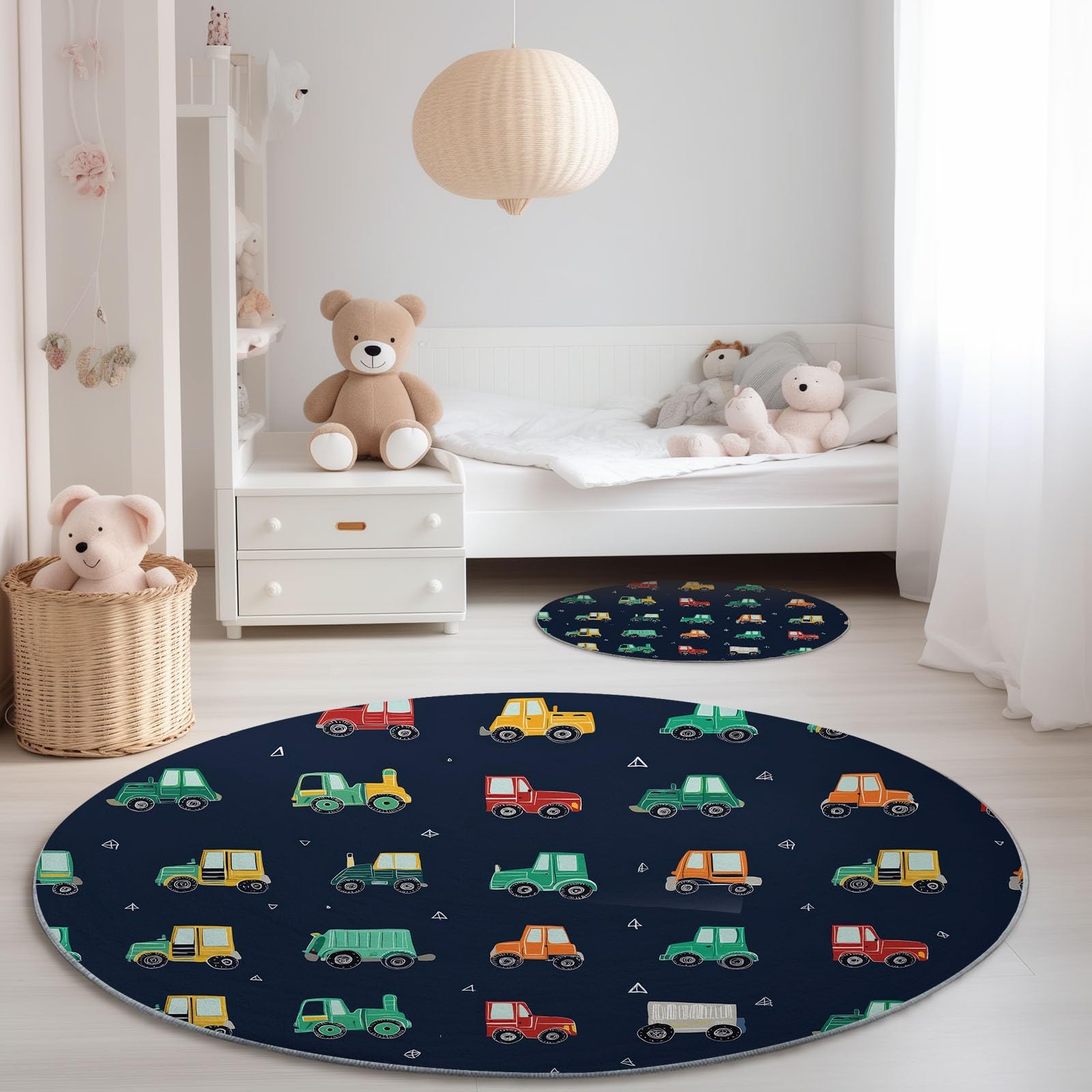 Tappeto rotondo lavabile in lavatrice Modello Di Veicolo Da Costruzione, Stile Carino Tappetino antiscivolo assorbente per camera da letto, soggiorno, cameretta bambini, interno 150 cm, Blu Scuro