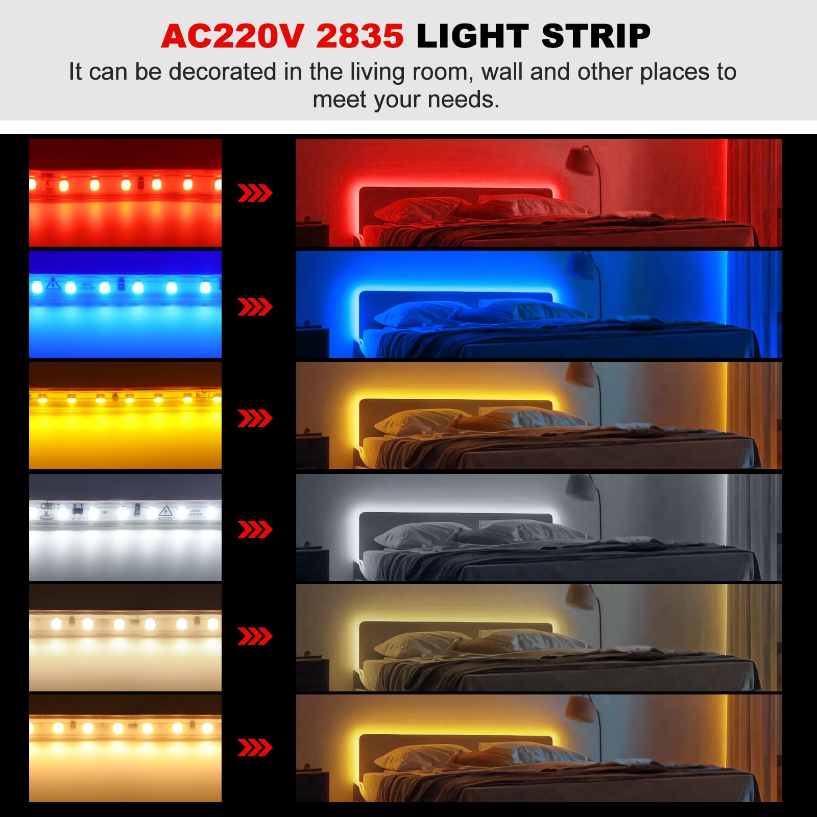 KISUFU 220V Tira de Luz LED, 120 LEDs/m SMD 2835 10cm cuttable Tiras Luces LED IP65 Impermeable Pegamento de doble cara light Strip para Dormitorio,Exterior Decoración de Cocina