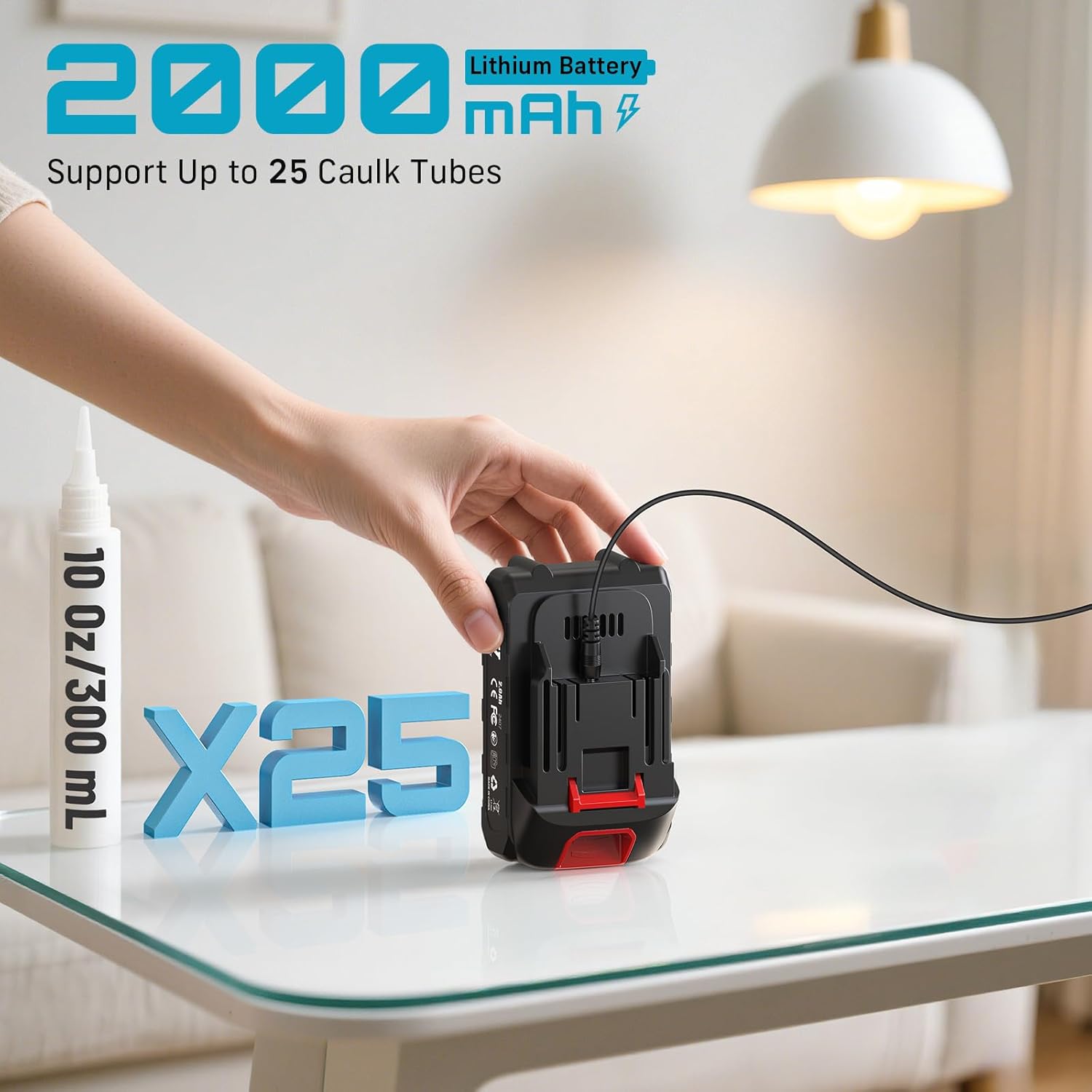 SEESII Electric Caulking Gun 29oz, Cordless Caulk Gun with a 2000mAh Battery, Stepless Speed, Anti-Drip, Led Light, Battery Powered Caulking Gun for Filling, Sealing (Sky Blue)