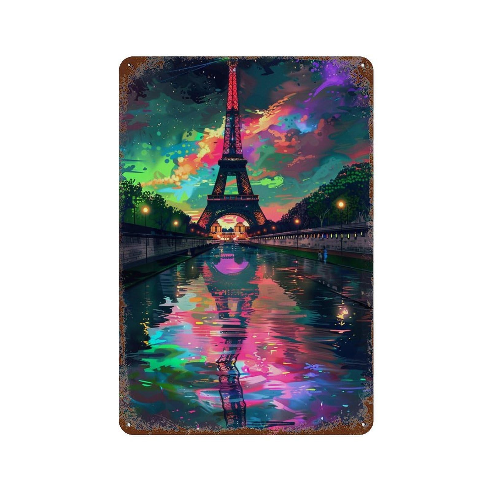 Colorful Eiffel Tower Reflection 11.8"x7.9" Distressed Metal Wall Sign, Shabby Chic Decor for Shed, Workshop And Garage Wall Decor