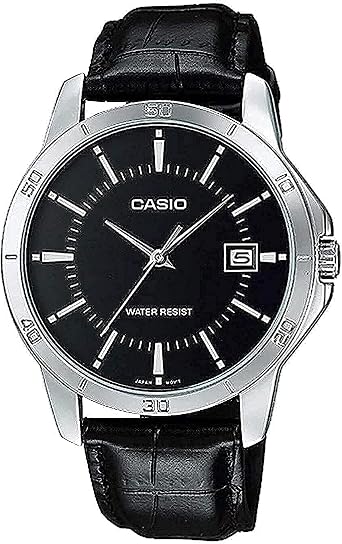 Casio MTP-V004L-1A Mens Stainless Steel Leather Band Black Dial Date Watch