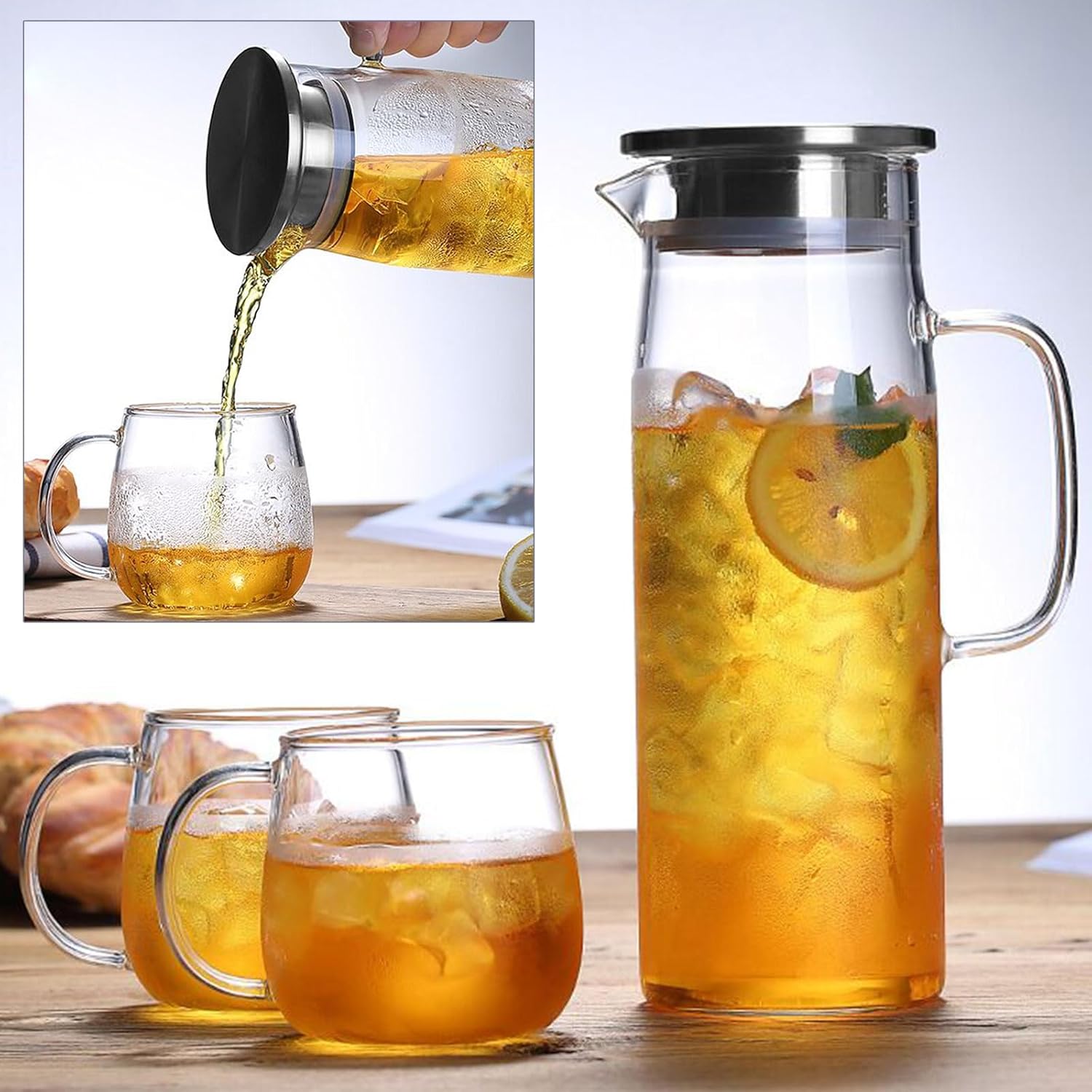 hjn Glass Pitcher with Lid Glass Water Carafe with Handle, Fridge Water Jug Cold or Hot Beverages, Iced Tea, Milk, Juice 1500ml/51oz & aluminium lid - Image 7