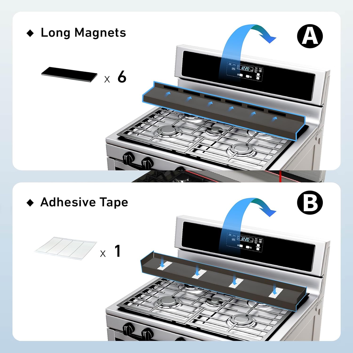 IIIOIIIA Stove Top Magnetic Shelf for Kitchen Organization, 30 Magnetic Spice Rack Over The Stove, 4 Deep Spice Organizer with Border All Around, Brushed Stainless, Black