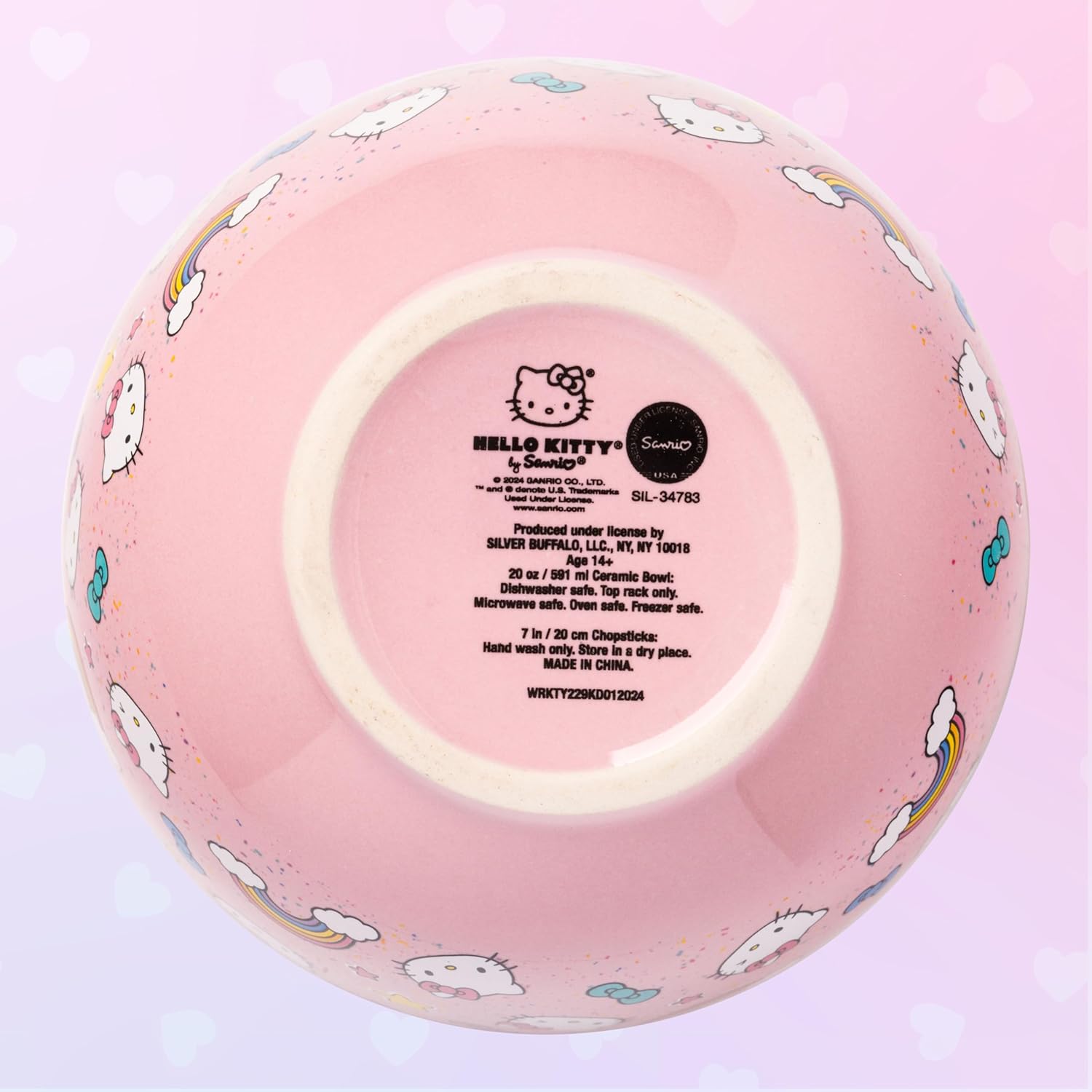 Silver Buffalo Sanrio Hello Kitty Bows Stars Rainbow Pattern Ceramic Ramen Noodle Rice Bowl with Chopsticks, Microwave Safe, 20 Ounces - Image 8