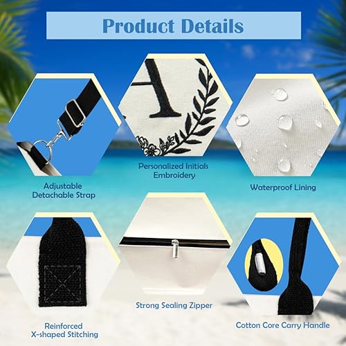 Miniatura 6 de QLOVEAInitial Canvas Tote Bag Makeup Bag, Beach Bag with Zipper, Personalized Birthday Gift for Mom Grandma Sister Friends