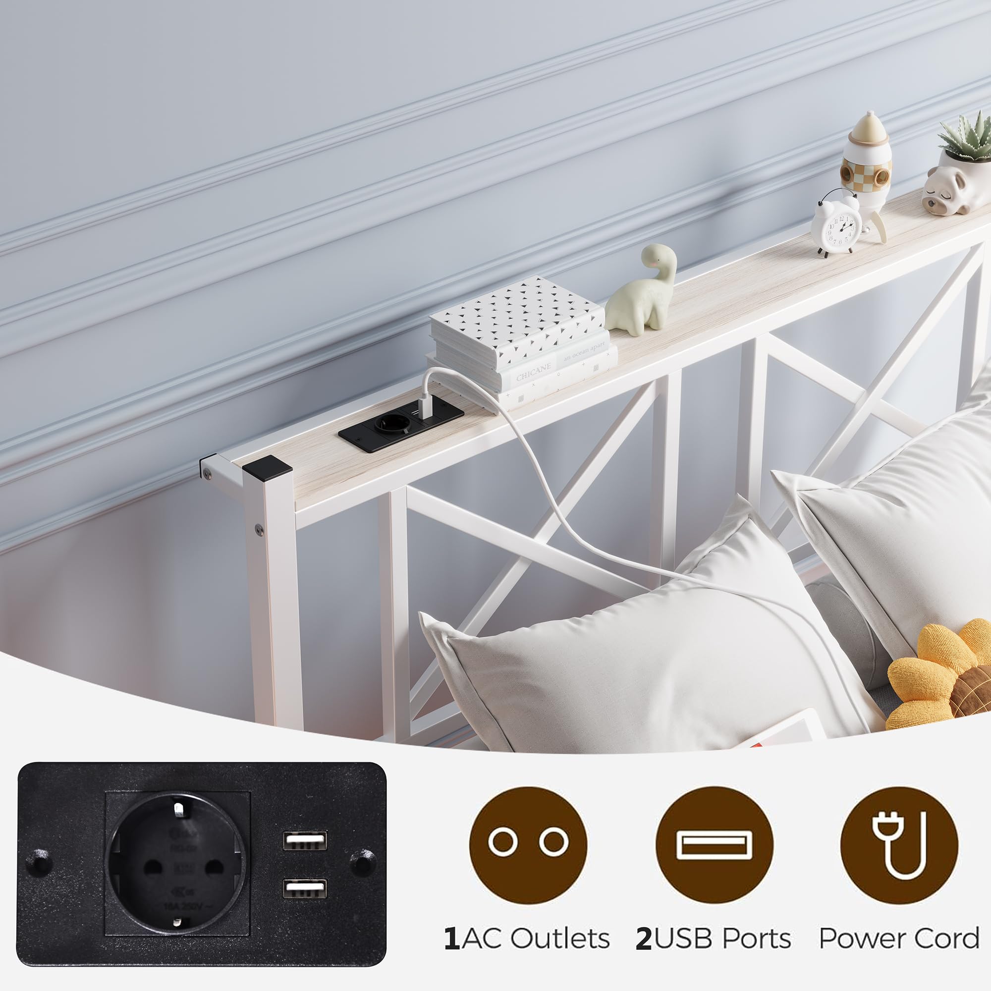 Bett 140x200 mit LED Beleuchtung und Ladestation(1 AC-Steckdosen, 2 USB-Anschlüsse) Schwebendes Bettgestell Metallbett mit Kopfteil und Stauraum, Doppelbett mit Metal Lattenrost, Weiß