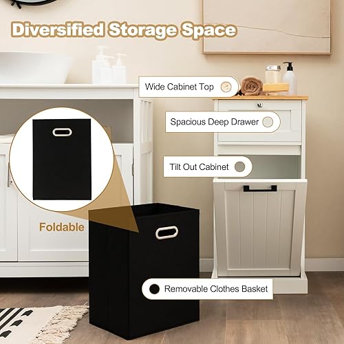 Miniatura 6 de Giantex Gabinete de cesta de lavandería inclinable, gabinete de almacenamiento de baño con cajón, cesta de lavandería extraíble, encimera de bambú,