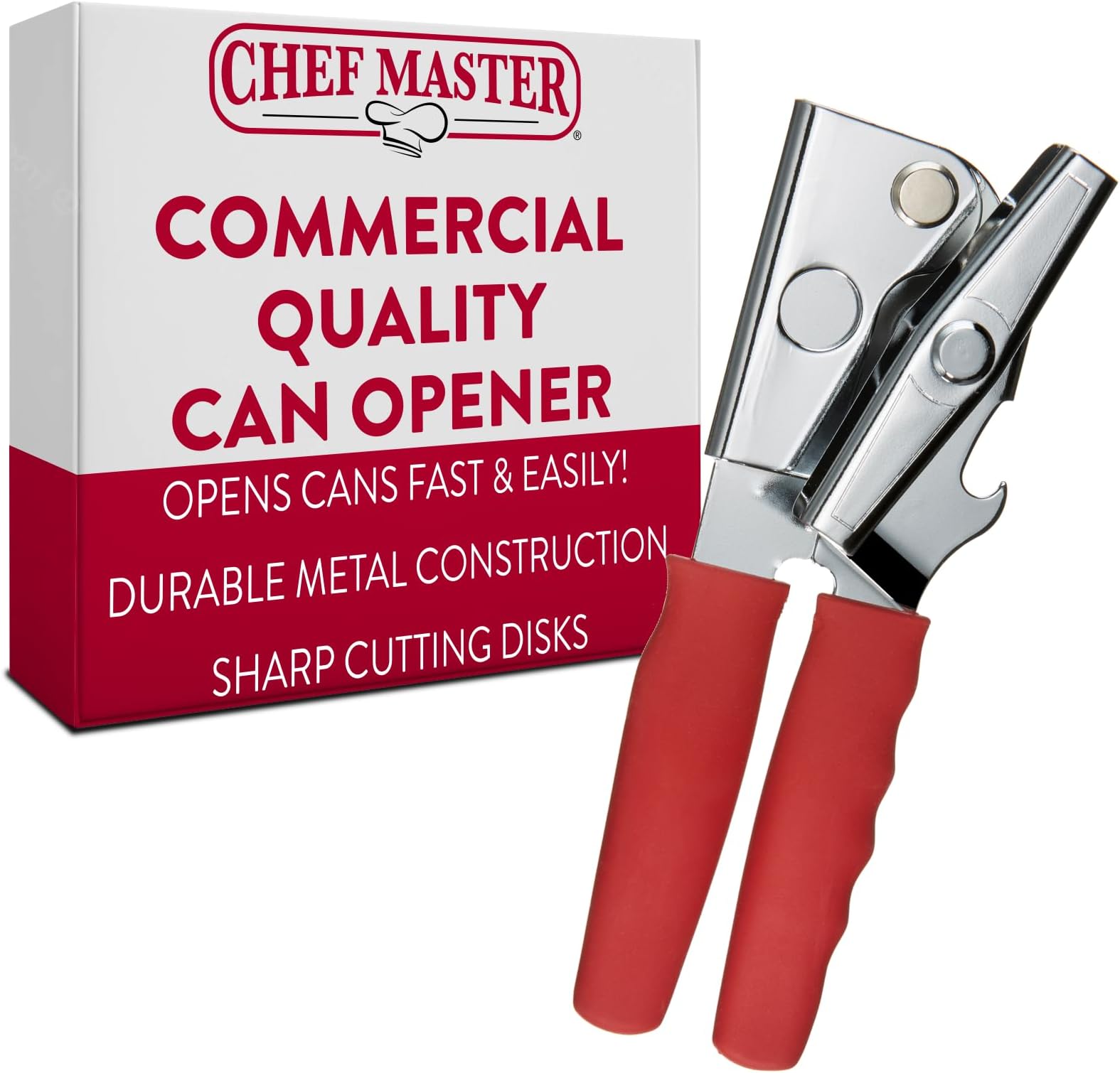 Chef MasterCommercial Can Opener | Sharp Cutting Discs | Durable Metal Construction | Model 90226 | Manual Hand Held Can Opener With Soft Touch Handle