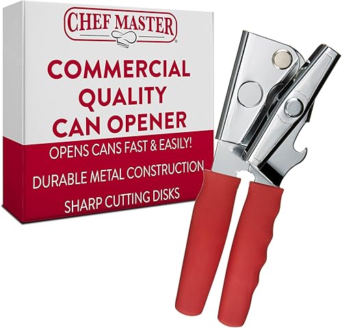 Abrelatas comercial de Chef-Master  Abrelatas manual multiusos con agarre antideslizante, perilla de giro fácil, discos de corte afilados, mango