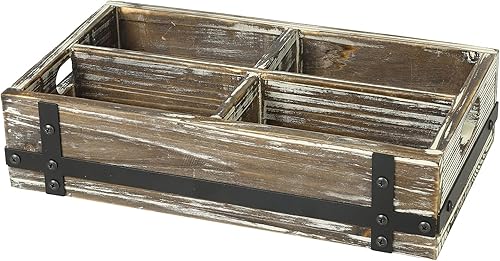 Miniatura 6 de MyGift Caja de almacenamiento de cinta de casete retro de madera maciza rústica con detalles industriales de metal negro mate y 4 compartimentos,