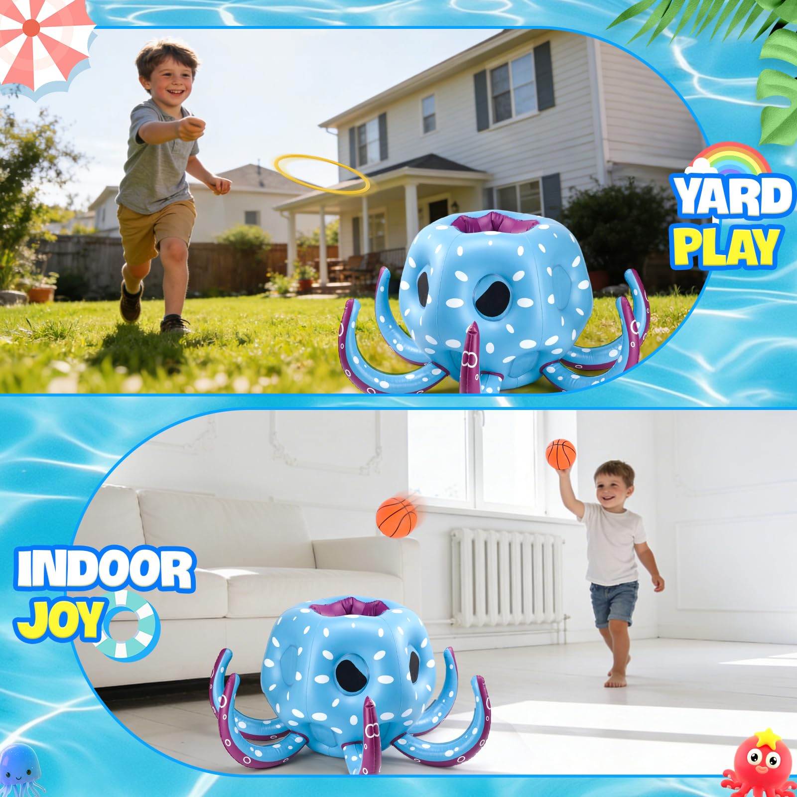 Pieuvre Gonflable pour Piscine 80cm, 2 en 1 Jeu d'eau Flottant Gonflable, Panier de BasketGonflable & Jeu de Lancer d'Anneaux, Jouet de Piscine Flottant pour Enfants et Adultes