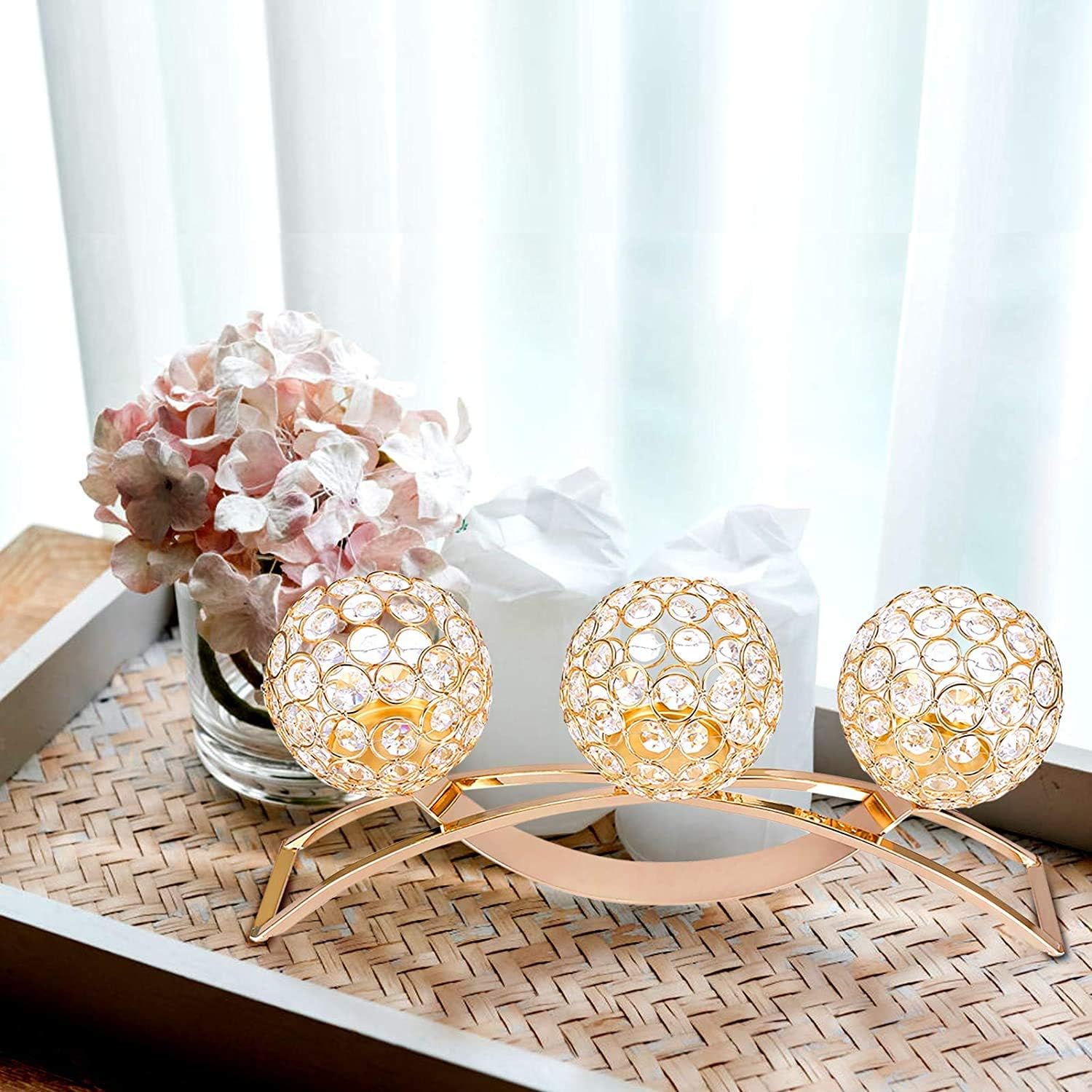 Crystal Candle Holders, Pillar Candlestick,Coffee Table Decorative Centerpieces for Living Room,Dinning Room Christmas Decoration, Table Decoration,Wedding Gifts(Gold)