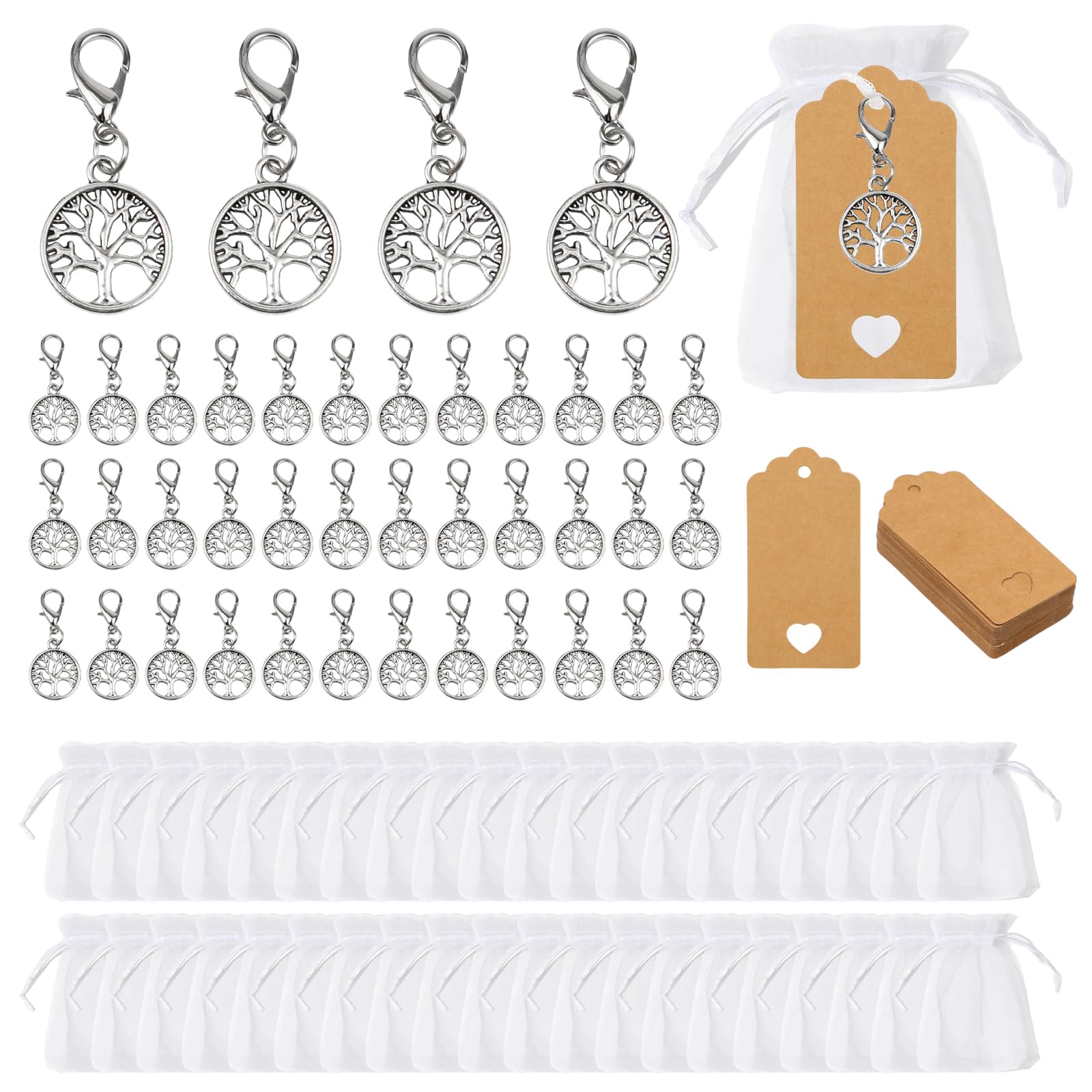 40 Pezzi Portachiavi Albero Della Vita,40pz Sacchetti Organza,40 Kraft Card Albero Dellas Lega Dellas Vita Portachiavi Ciondolo Alber Della Vitas per Battesimo Comunione Bomboniere Matrimonio
