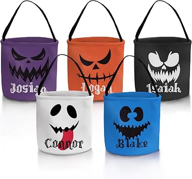 Halloween Customized Trick or Treat Bags, Personalized with Name, 8.3in x 7.9in, Polyester Material, Round Shape