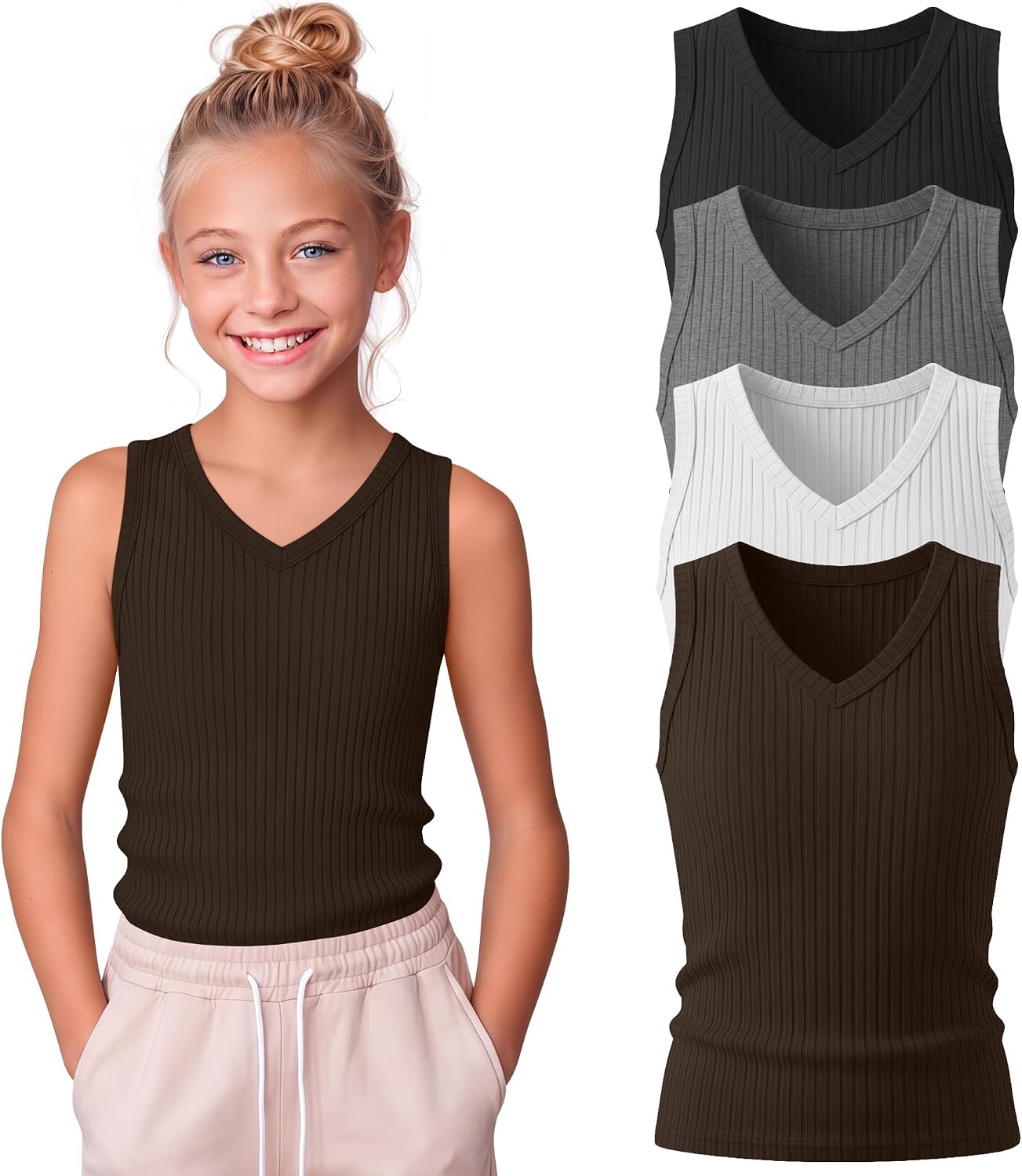Oakgarden 4 Pack Girls' Tank Tops Ribbed V Neck Sleeveless Cute Summer Tee Slim Fitted Camisole Kids Soft Casual Basic Tanks