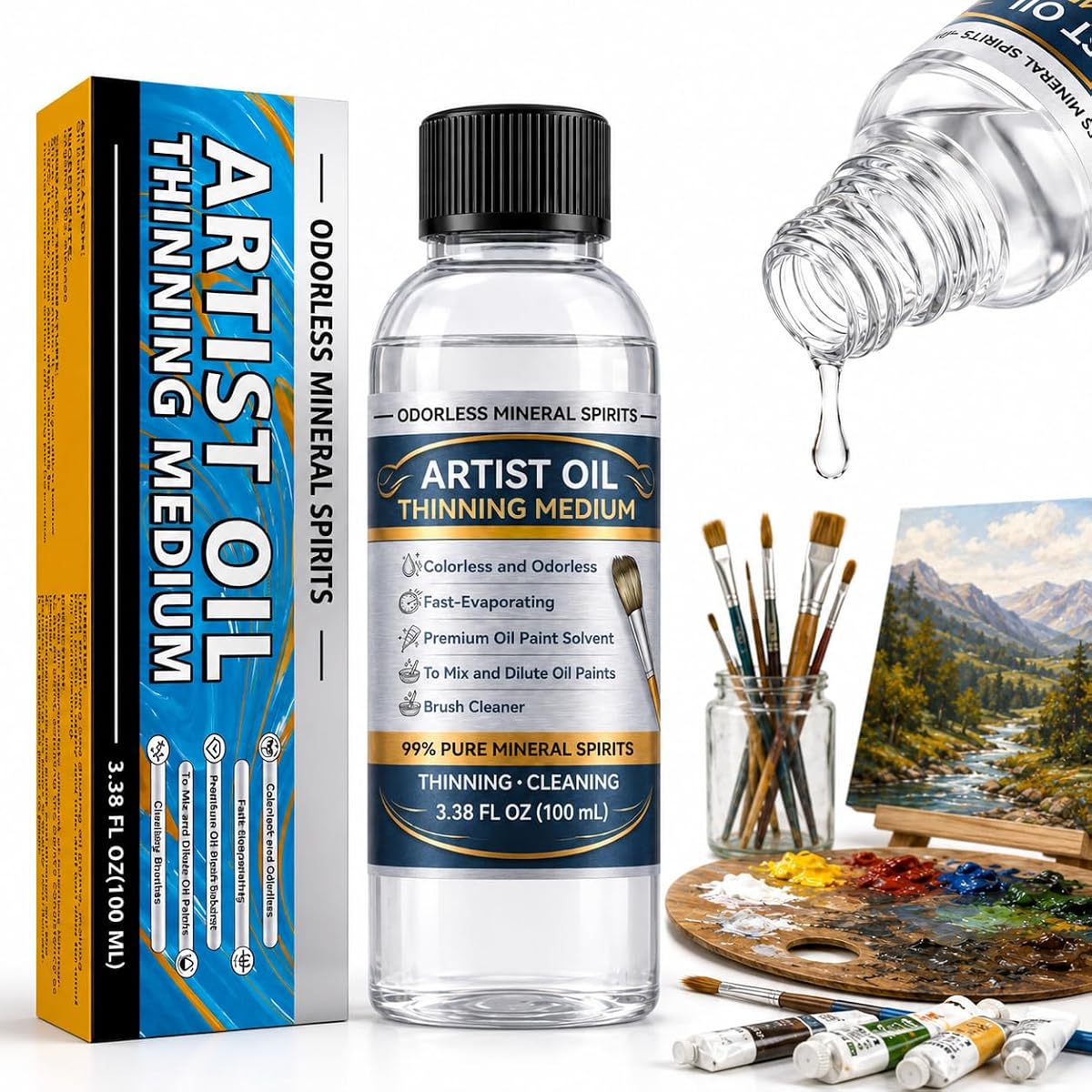 Espíritus minerales inodoros, diluyente de pintura de espíritus minerales purificados para pintura al óleo, suministros profesionales de pintura al óleo para pintar para diluir pinturas al óleo y limpiar pinceles, 100 ml