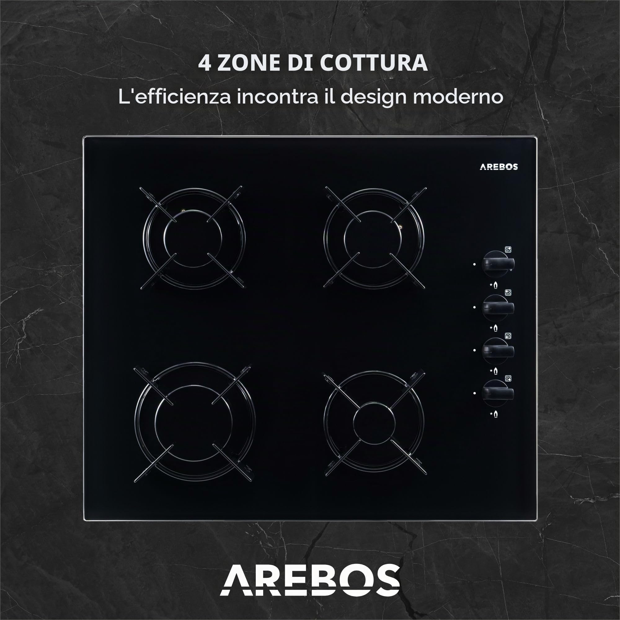 Arebos piano cottura a gas 60 cm 4 fuochi | Vetro temperato | Da incasso con supporti in ghisa | Compatibile con gas naturale e GPL | Dispositivo di sicurezza integrato