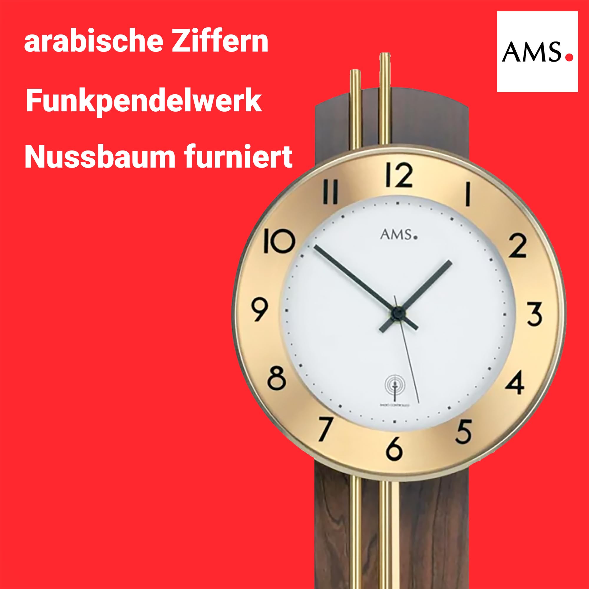 AMS 5266/1 Wanduhr, Klassische Funkpendeluhr in Nussbaum, analog mit arabischen Zahlen, Mineralglas und Messingstäben, batteriebetrieben, hochwertige Wohnzimmeruhr und Bürouhr, Maße: 22 x 62 x 8 cm