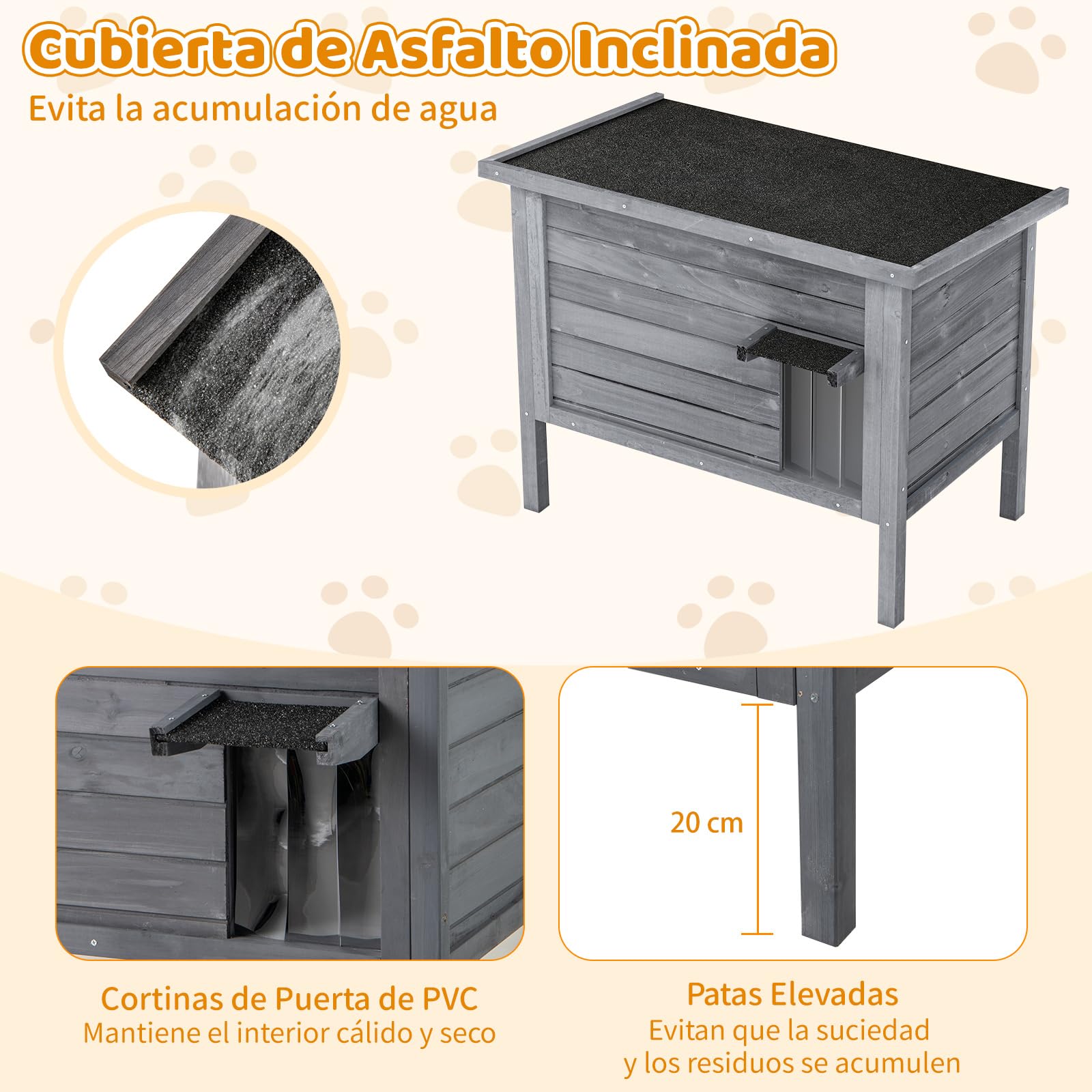 GYMAX Casa para Gatos de Exterior de Madera de Abeto de 88 x 55 x 71 cm, Caseta para Gatos Aislada con Techo Inclinado de Asfalto, Base Elevada y Pared Divisoria Extraíble (Gris)