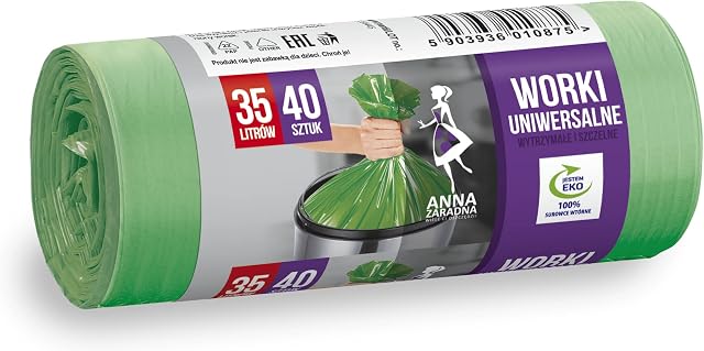 ANNA ZARADNA worki na śmieci UNIWERSALNE, 35 l, 40 sztuk, do domu i do biura, z grubej folii pochochącej z recyclingu surowców wtórnych, kolor: zielony
